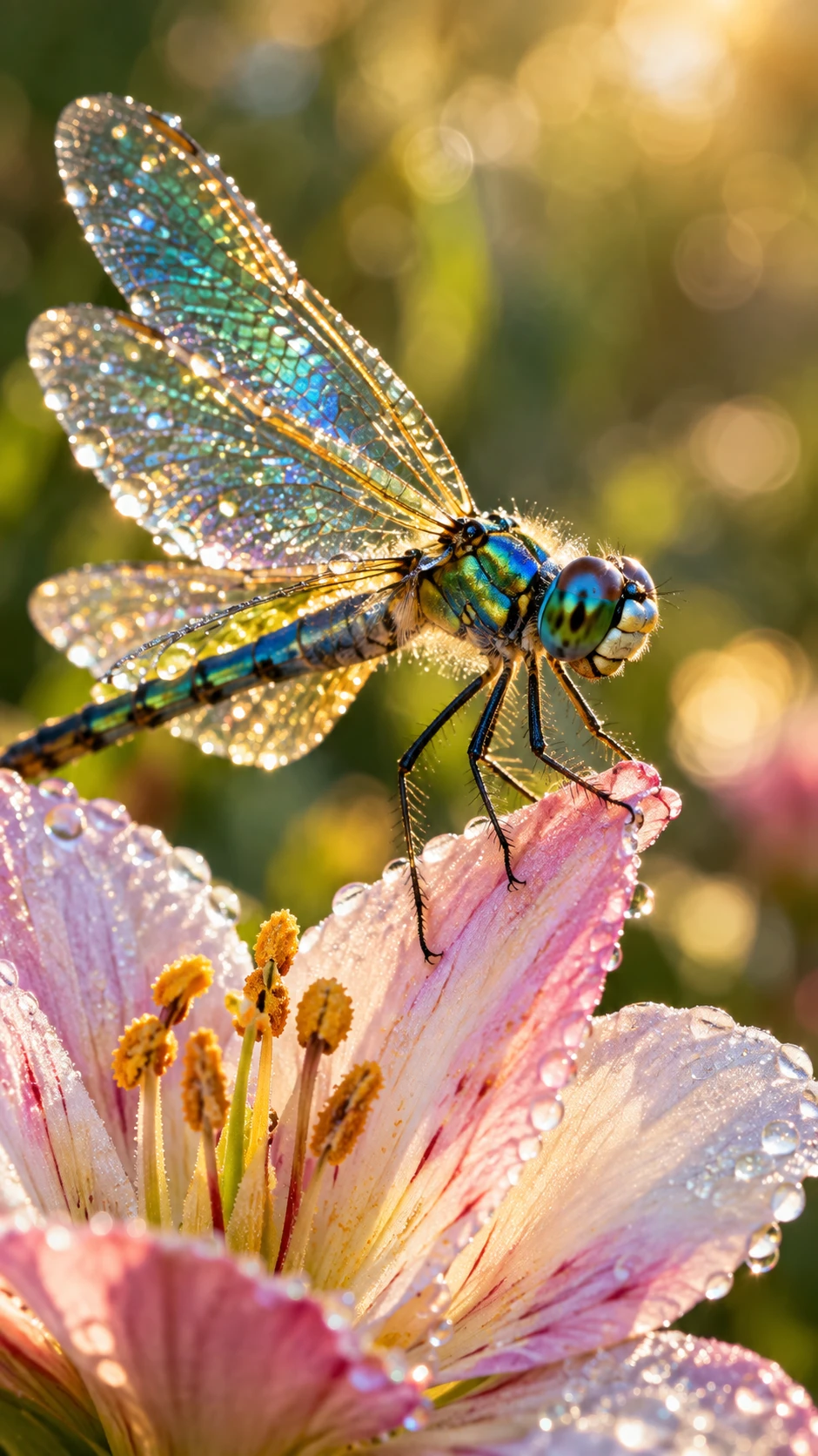 Macro dragonfly on dewy flower in golden sunlight