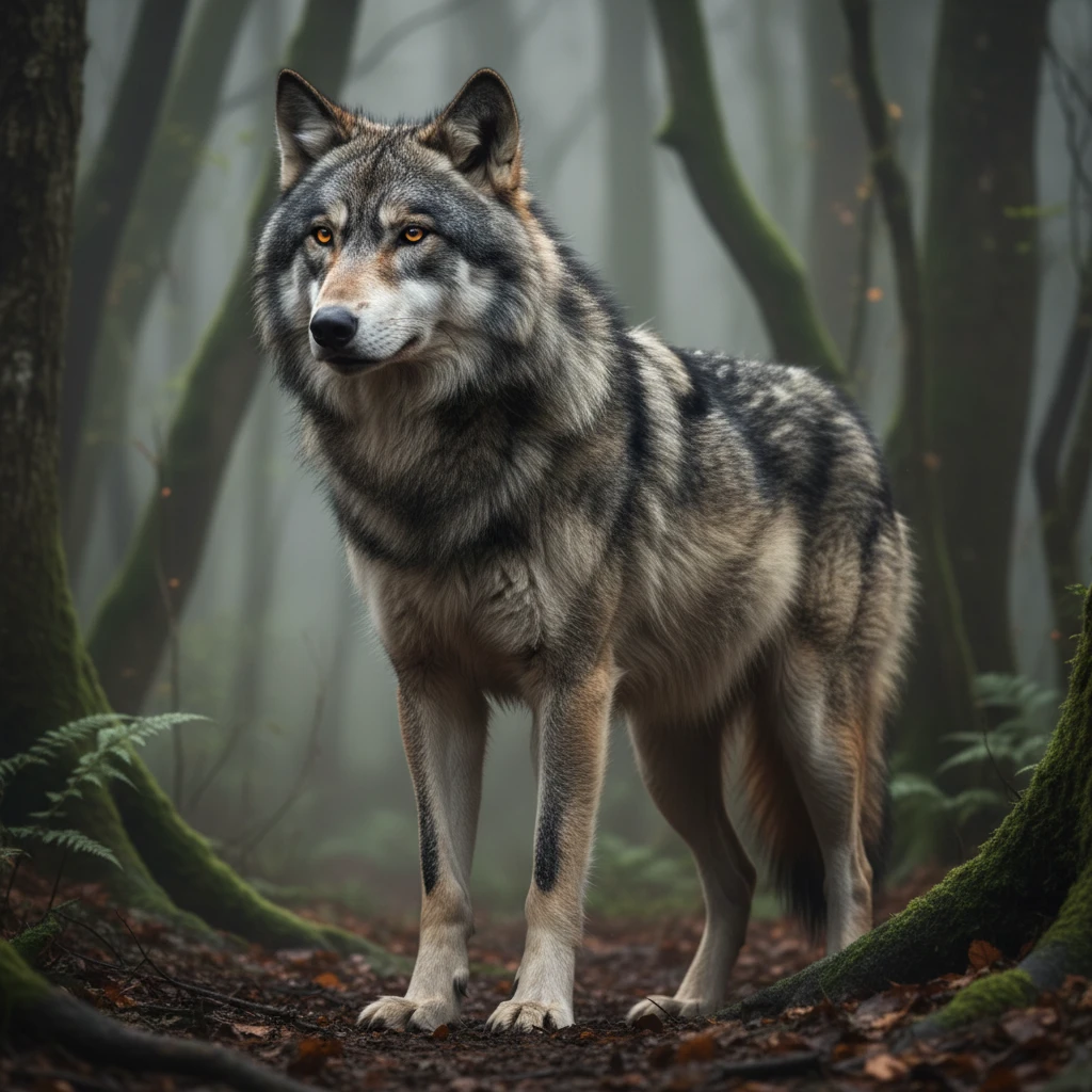 Majestic gray wolf in a misty forest close up