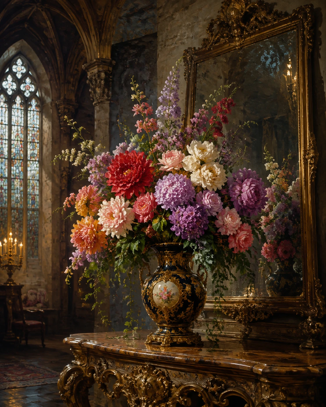 Ornate vase of exotic flowers in a gothic interior