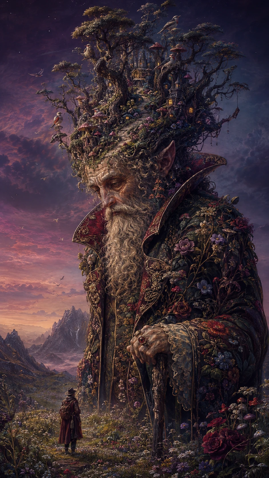 Elderly forest crowned king in an enchanted meadow