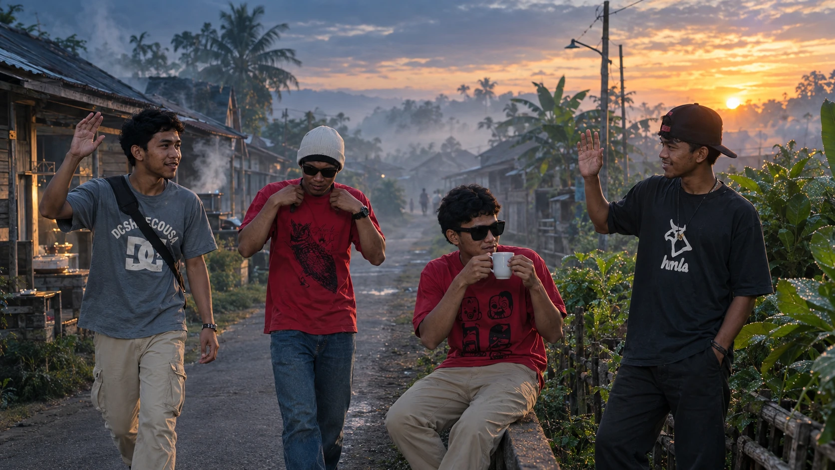 Cuatro jóvenes amigos saludando al amanecer en una tranquila calle del pueblo