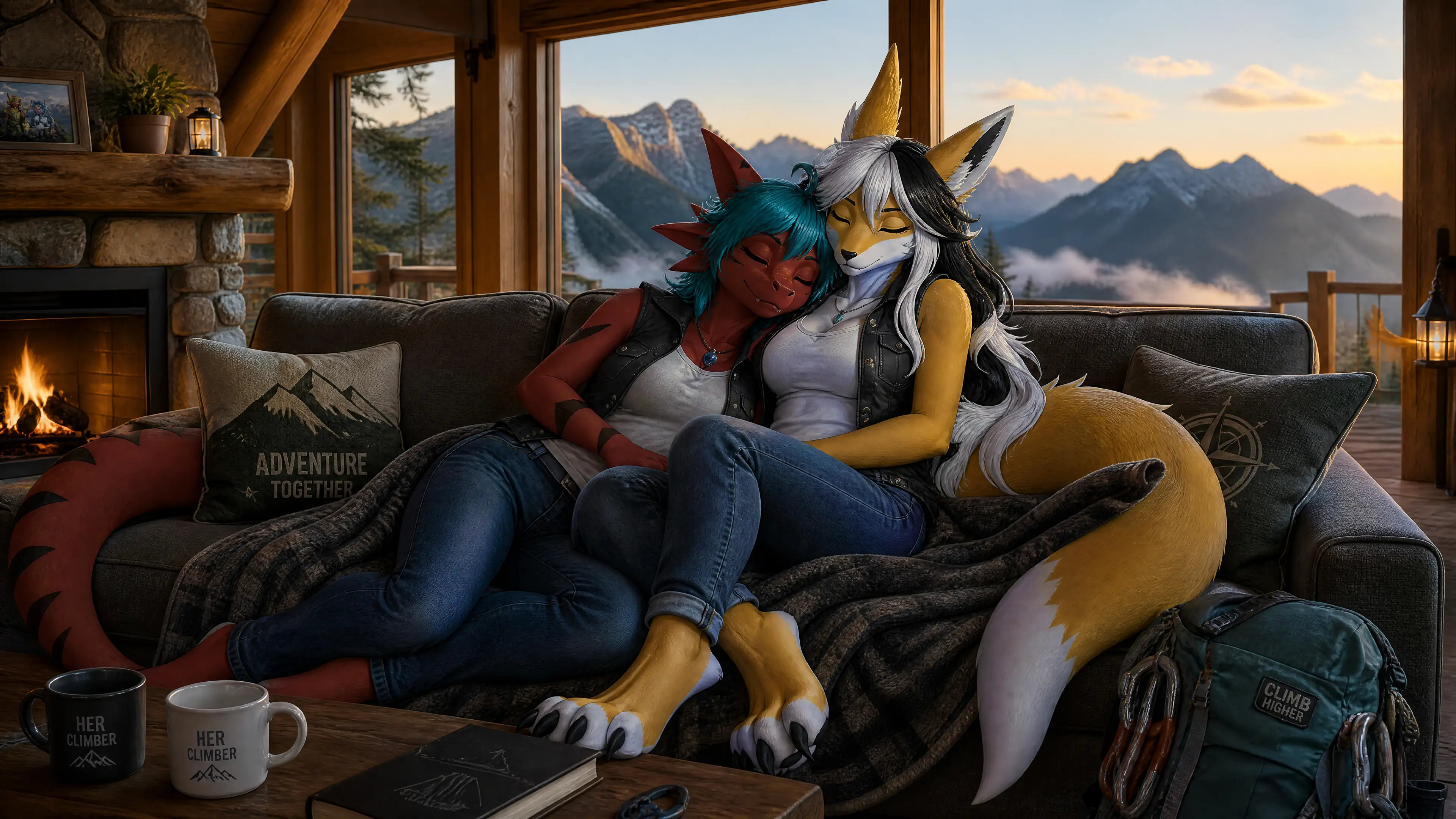 Anthro digimon couple sleeping on a couch in a cabin