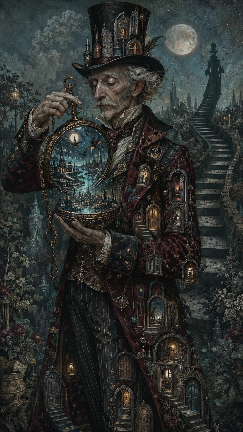 Eccentric Elderly Gentleman With Pocket Watch City In Garden