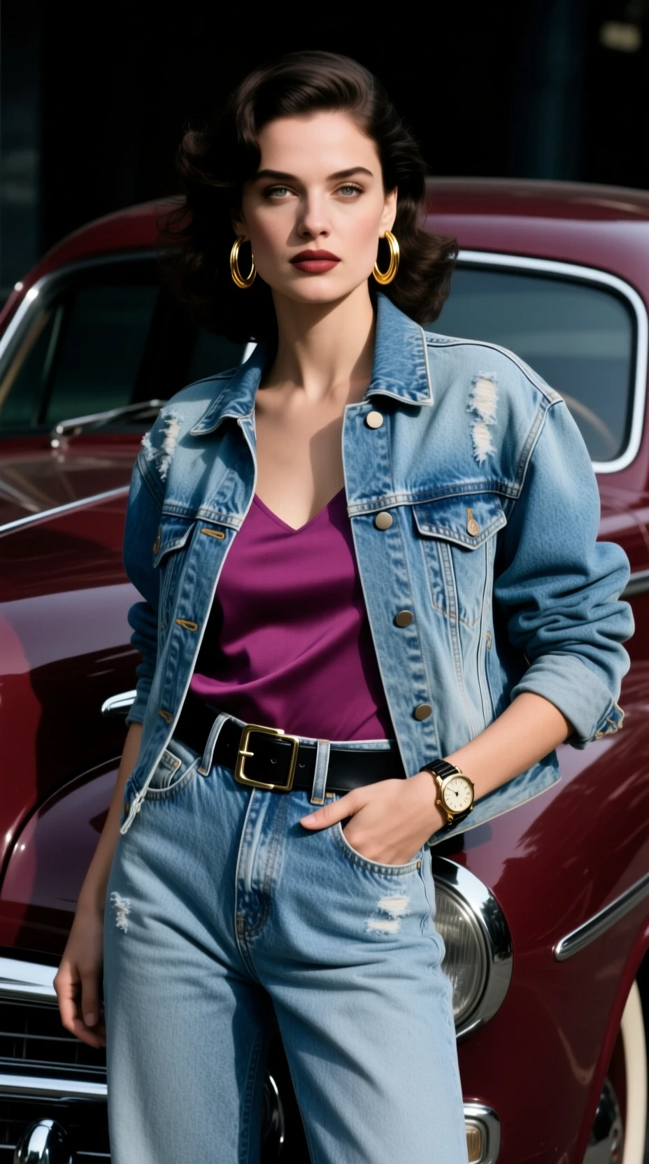 Mujer segura con denim de los años 80 junto a un coche vintage color borgoña