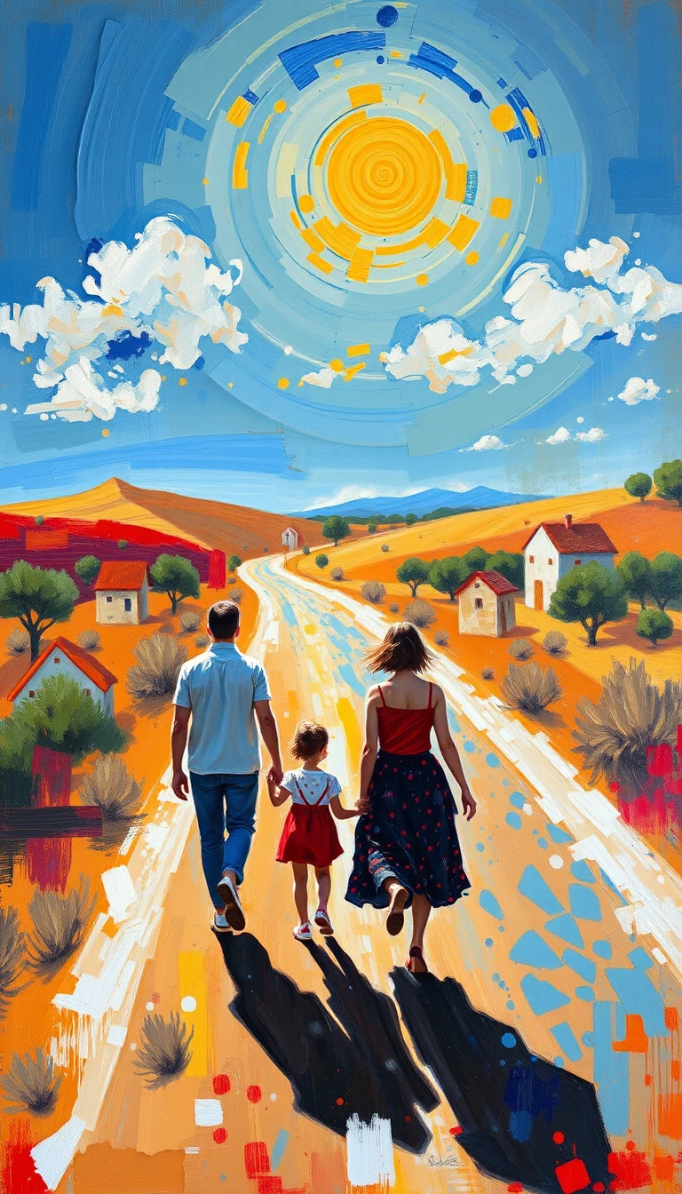 Family walking a dusty road through dry hills and olive trees
