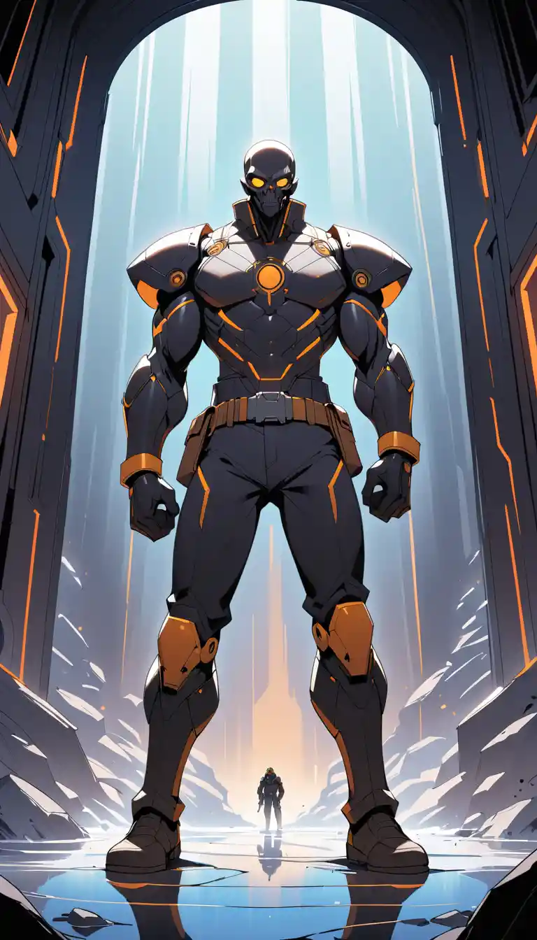 Cybernetic security chief in a dim starship corridor