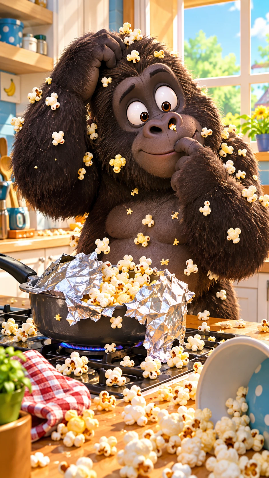 Clumsy gorilla covered in popcorn in a sunny kitchen