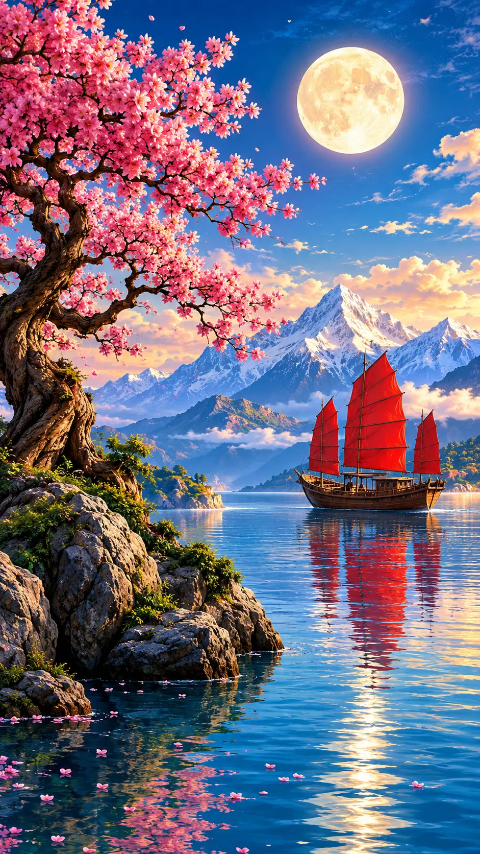 Colorful seascape with junk boat and blossom tree at moonrise