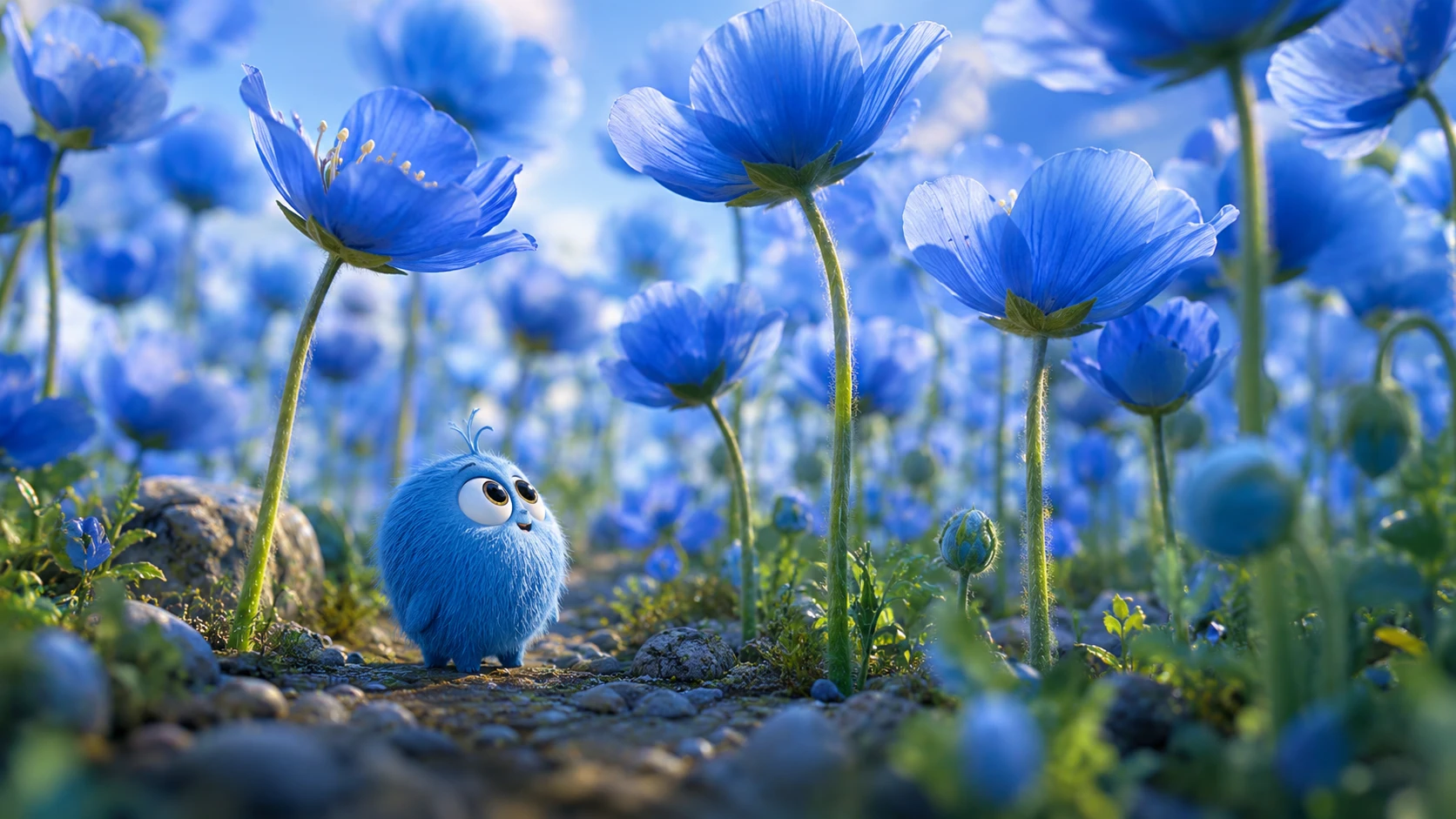 Tiny Blue Creature Exploring A Field Of Tall Blue Flowers
