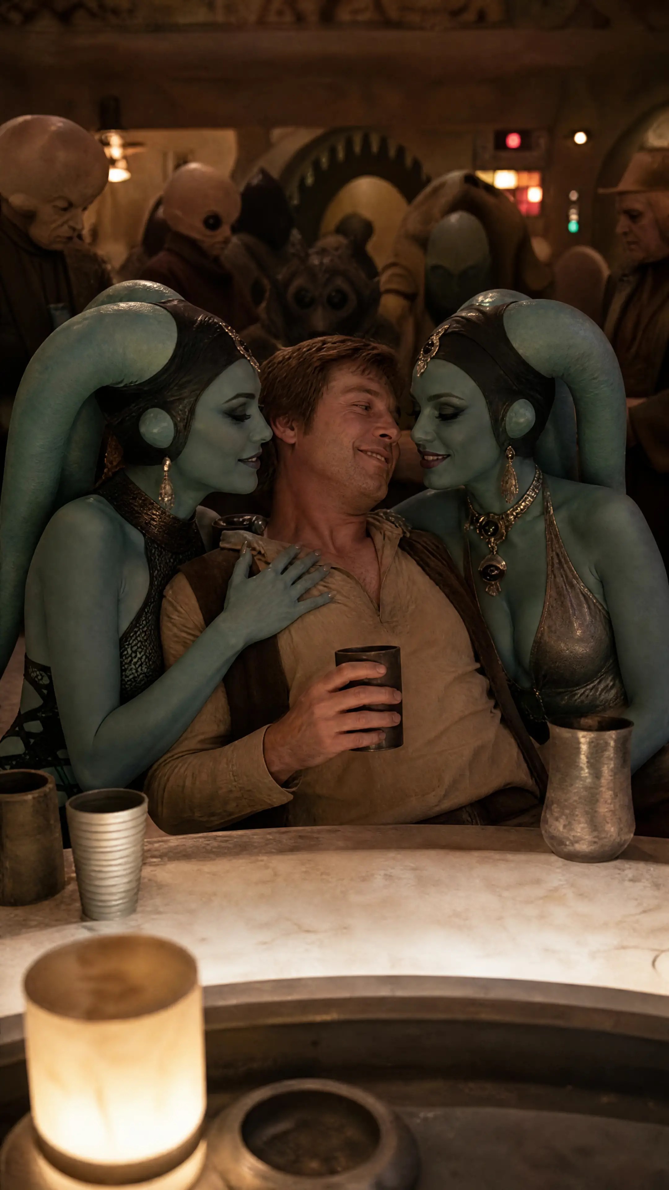 Two women charm a naive patron at a Mos Eisley bar