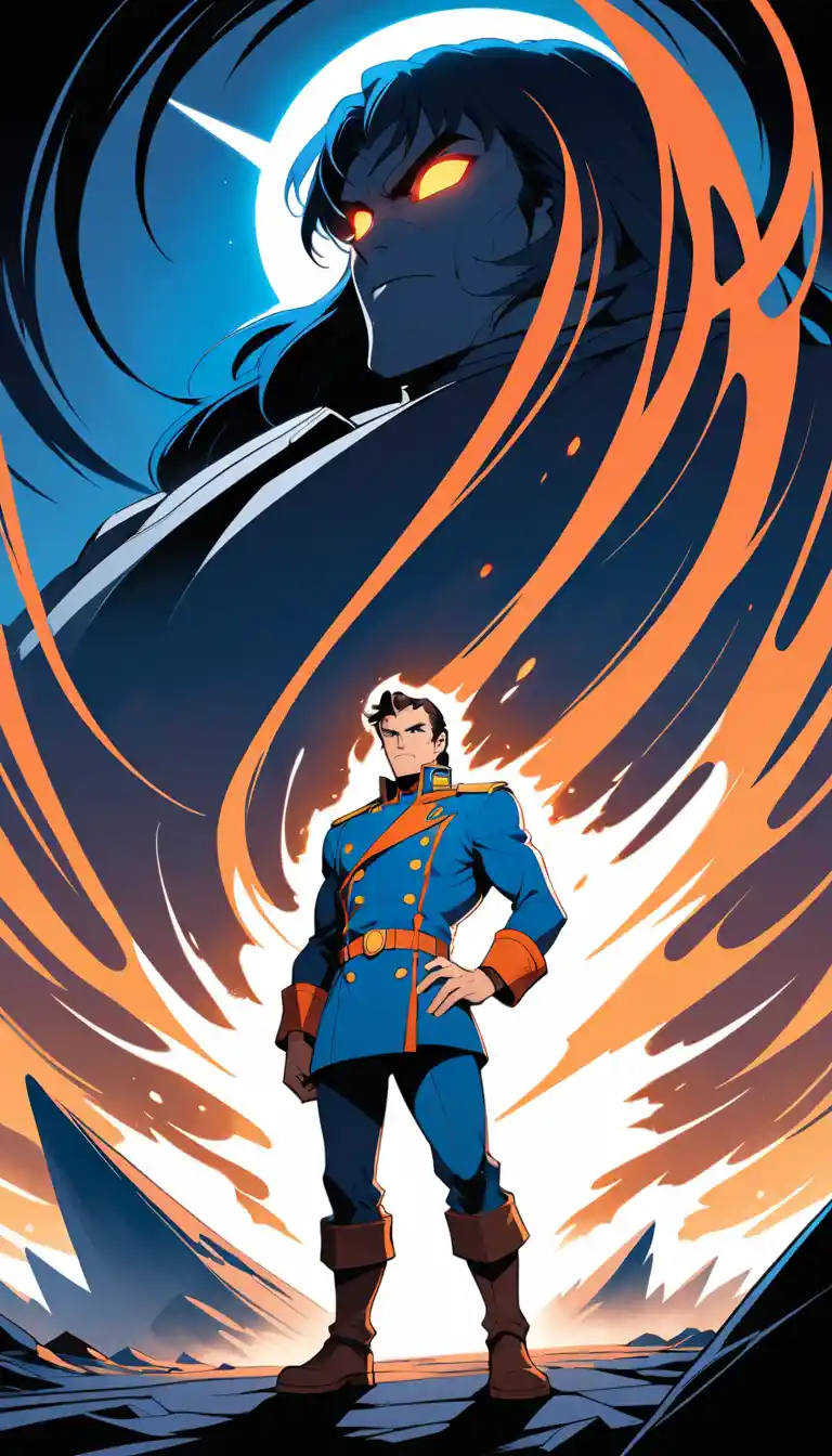 Confident starship captain in futuristic navy blue uniform