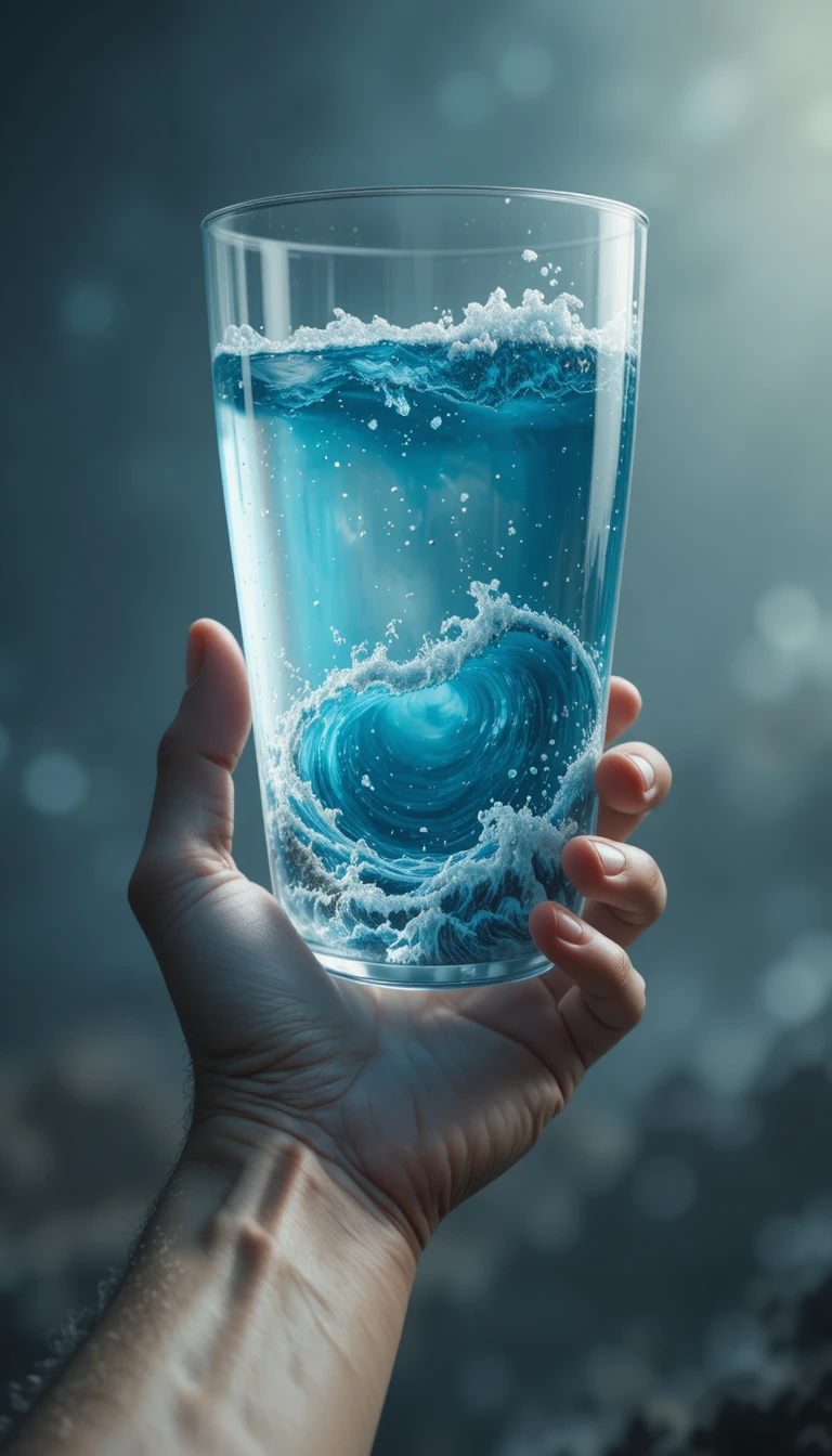 Mano humana gigante sosteniendo un vaso con un diminuto océano