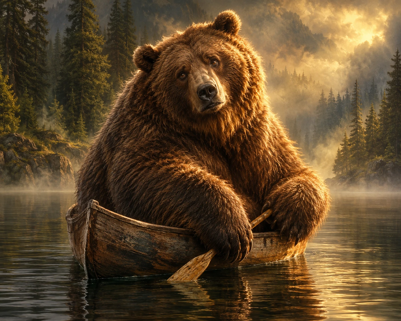 Énorme ours brun serré dans un minuscule canoë en bois