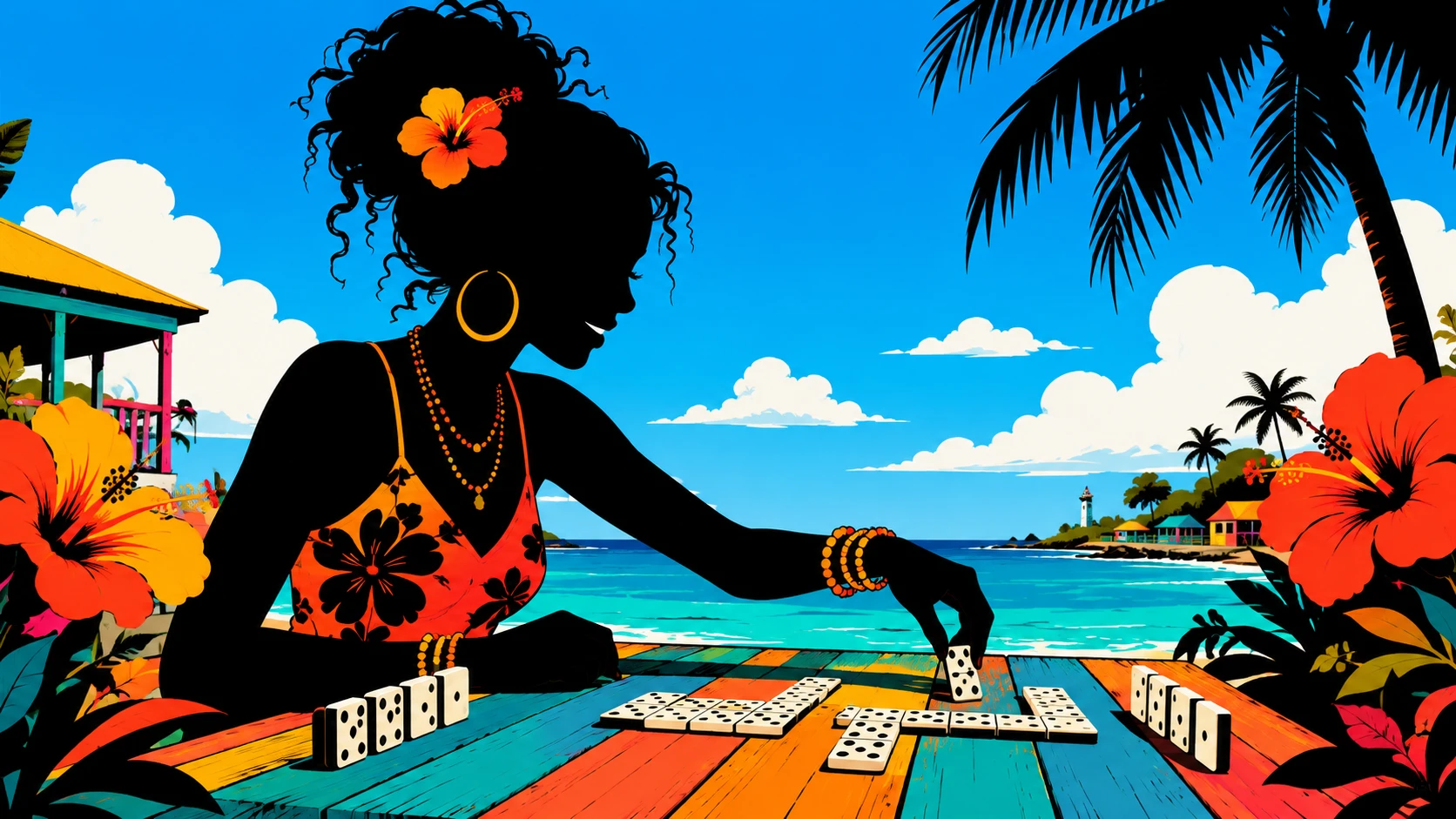 Young woman playing dominoes on a bright beach boardwalk