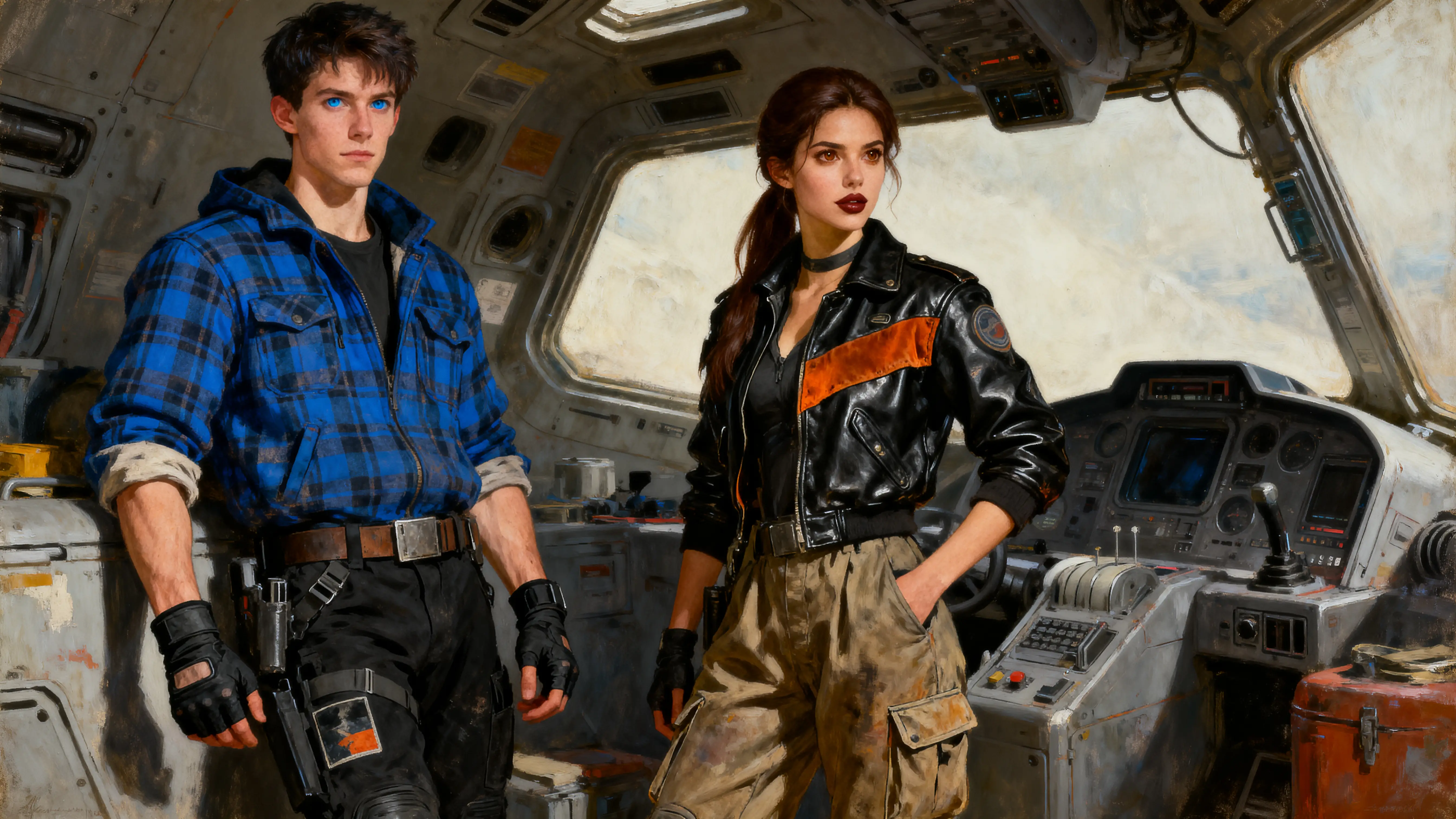 Spacefaring duo in a gritty old master style cockpit