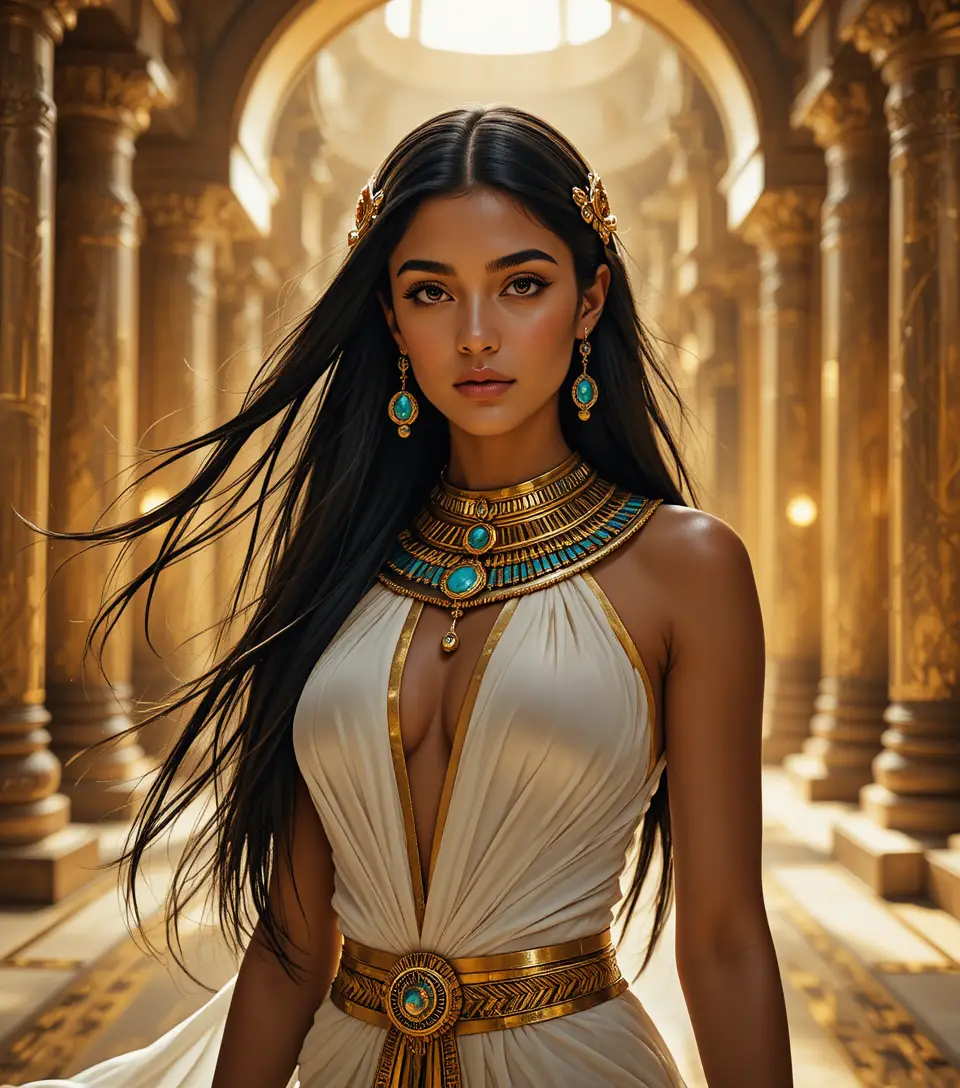 Ancient Egyptian woman in gold and turquoise palace portrait