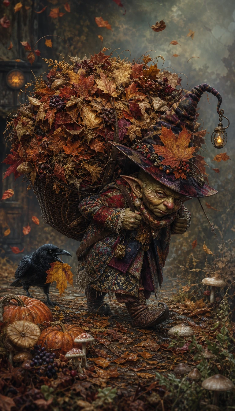 Tiny goblin hauling a gigantic bundle of autumn leaves