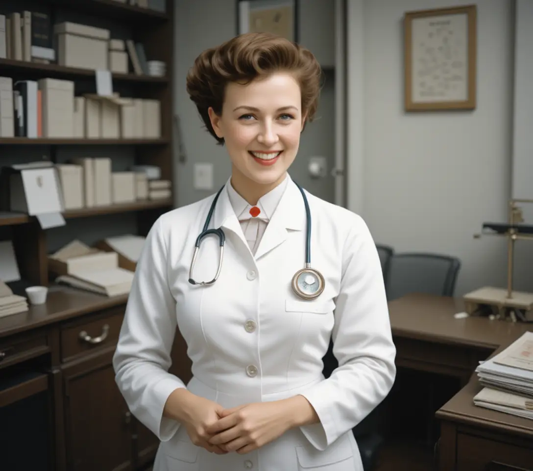 Vintage medical assistant in white coat behind clinic counter