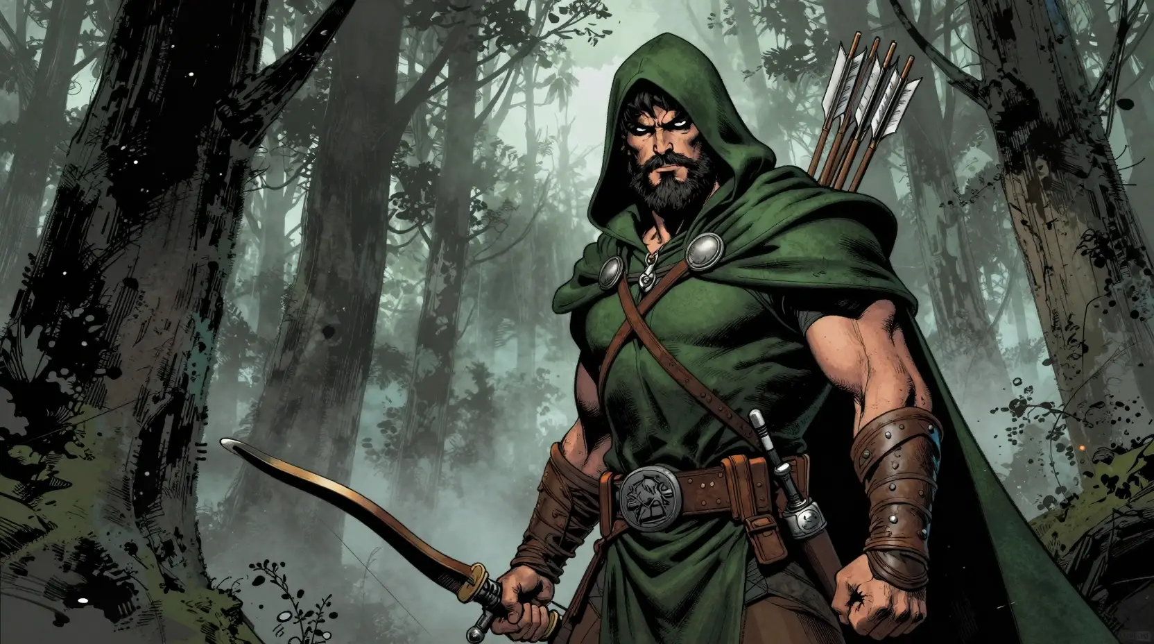 Bearded archer in green cloak stalking through misty forest