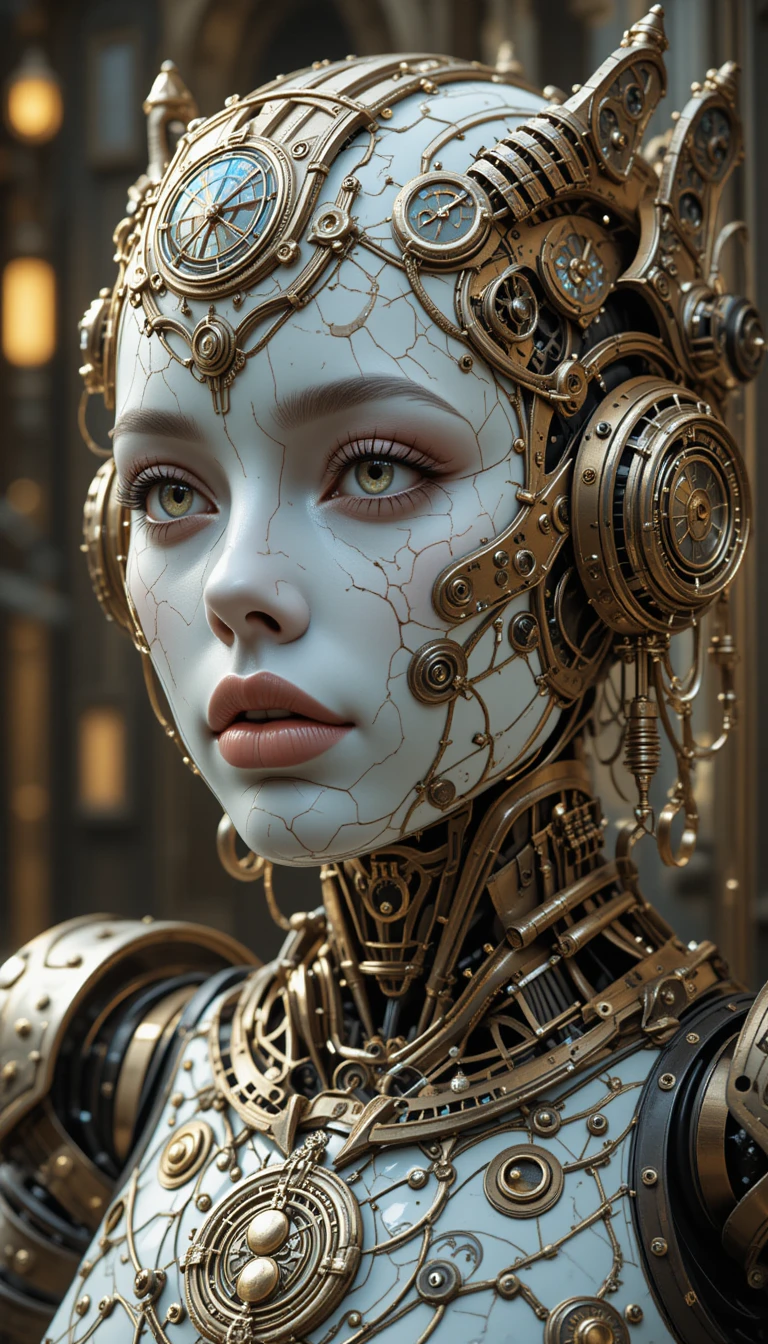 Steampunk-Humanoidenroboter im aufwendig gestalteten 3D-Art-Nouveau-Stil