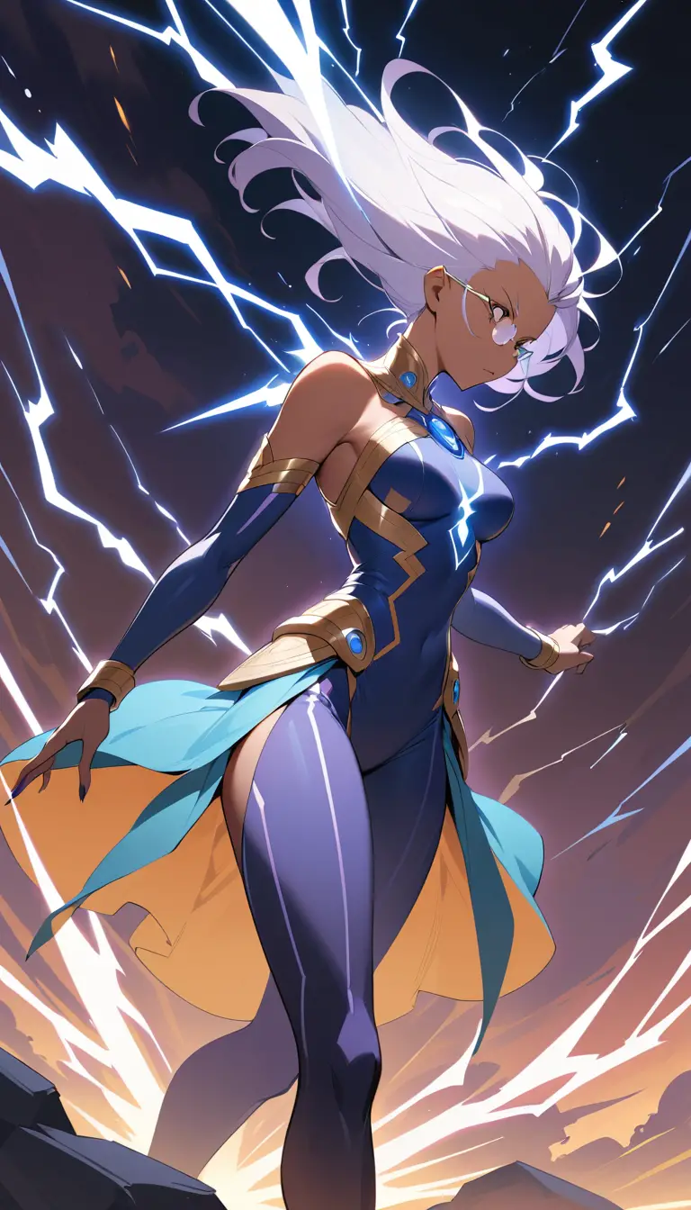 Tall violet skinned warrior woman with silver glasses