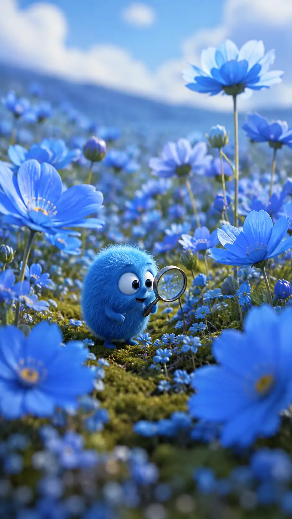 Tiny blue furry creature exploring a field of tall flowers