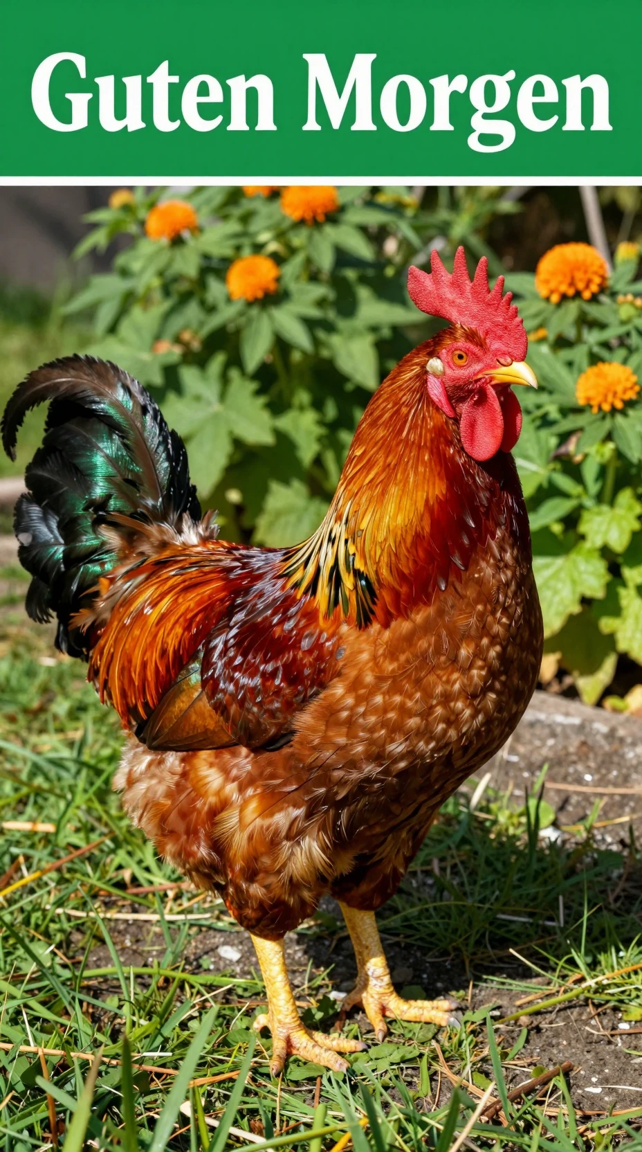 Colorful rooster standing on garden grass in morning light
