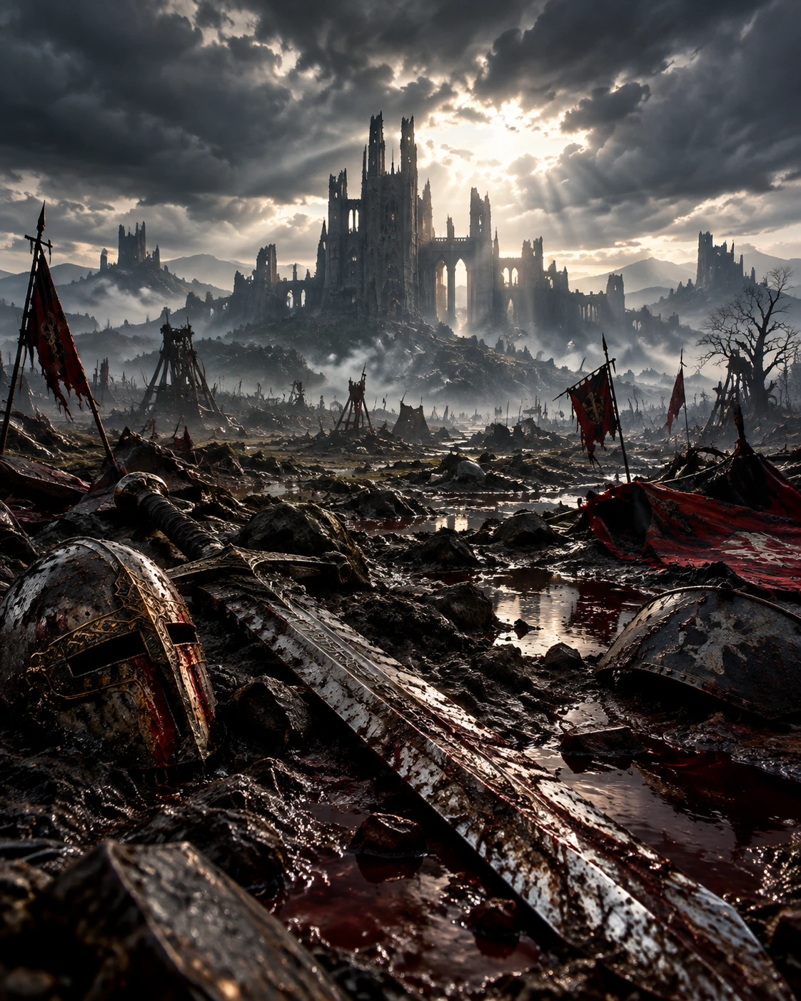 Ruined Gothic Fortress Beyond A Devastated Medieval Battlefield
