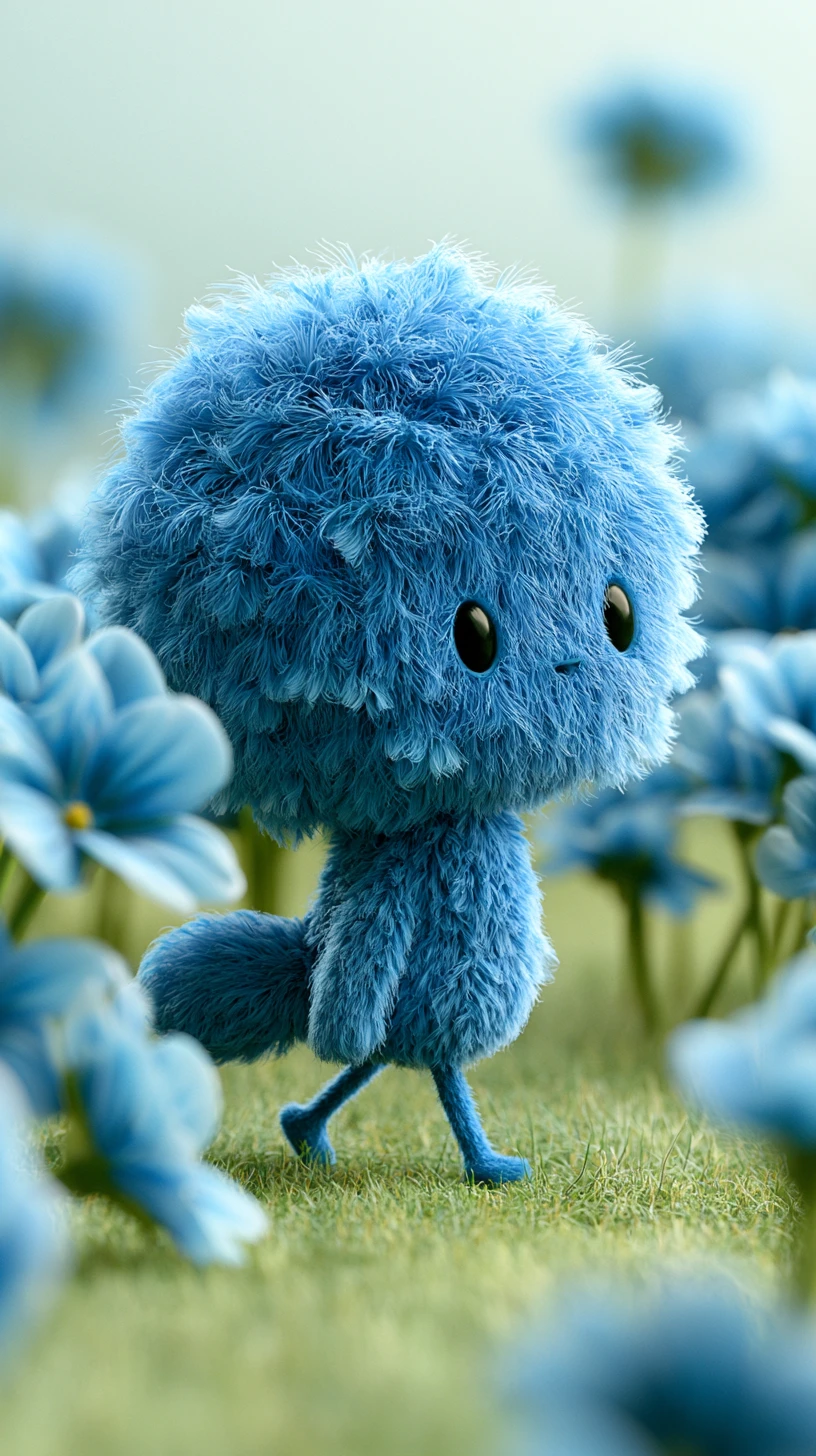 Tiny Blue Furry Creature Exploring A Blue Flower Field