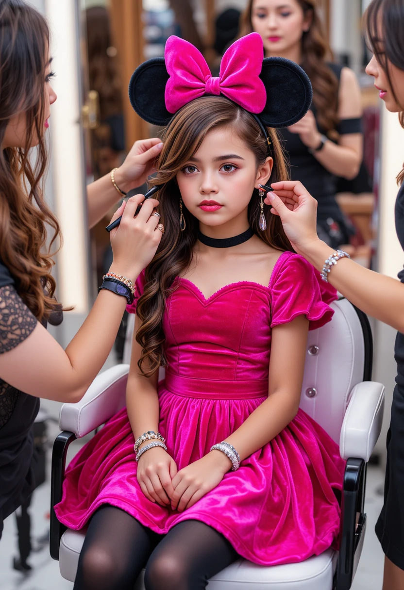 Nervous boy in Minnie Mouse makeover at salon chair