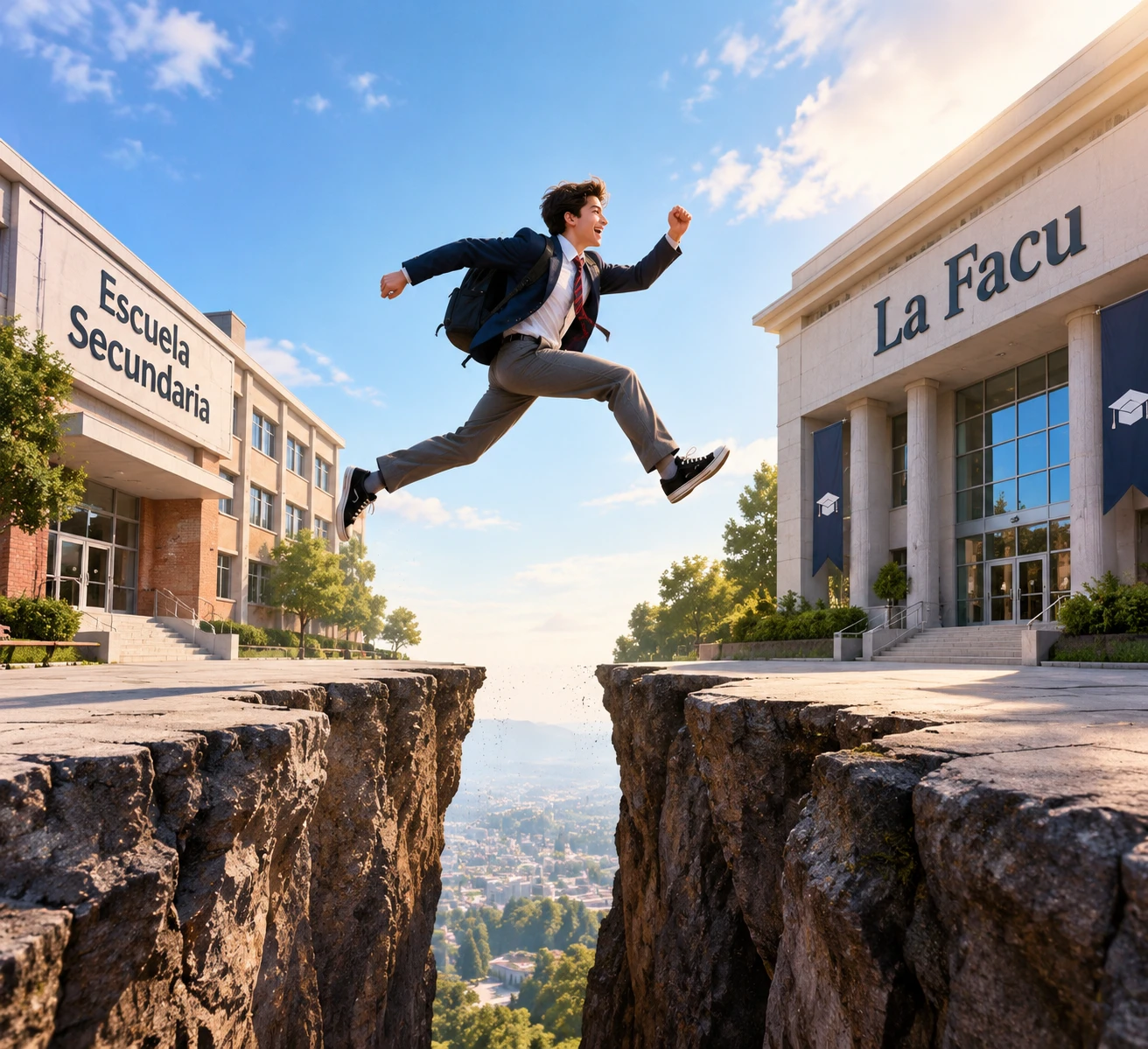 Happy student jumping a gap toward the university building