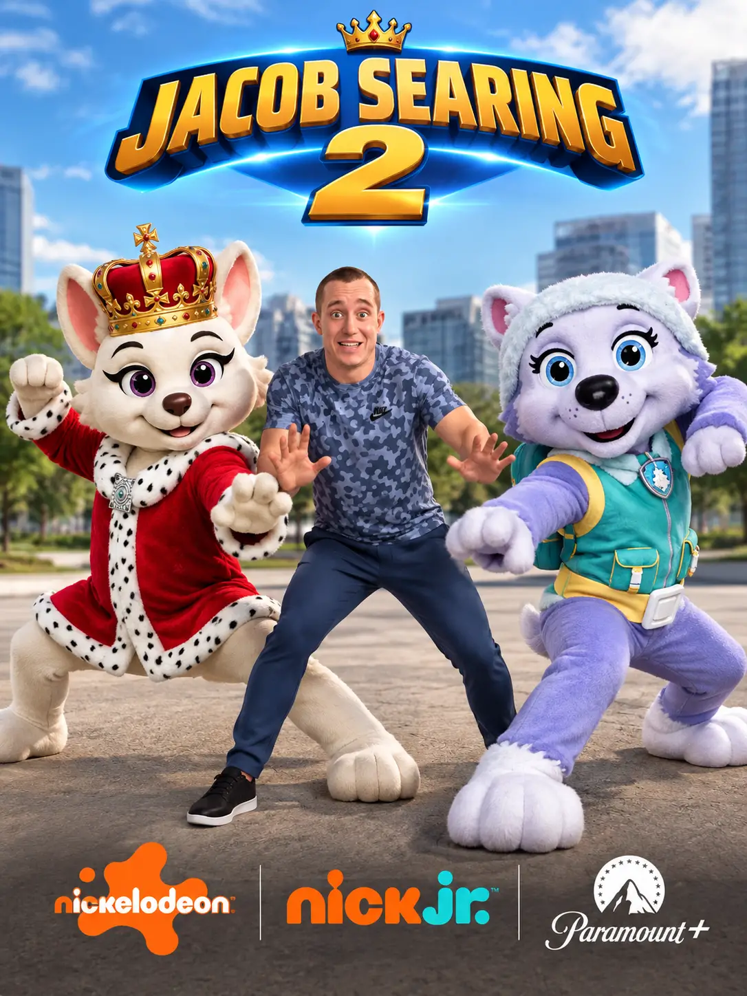 Adult man standing between two heroic mascots in studio