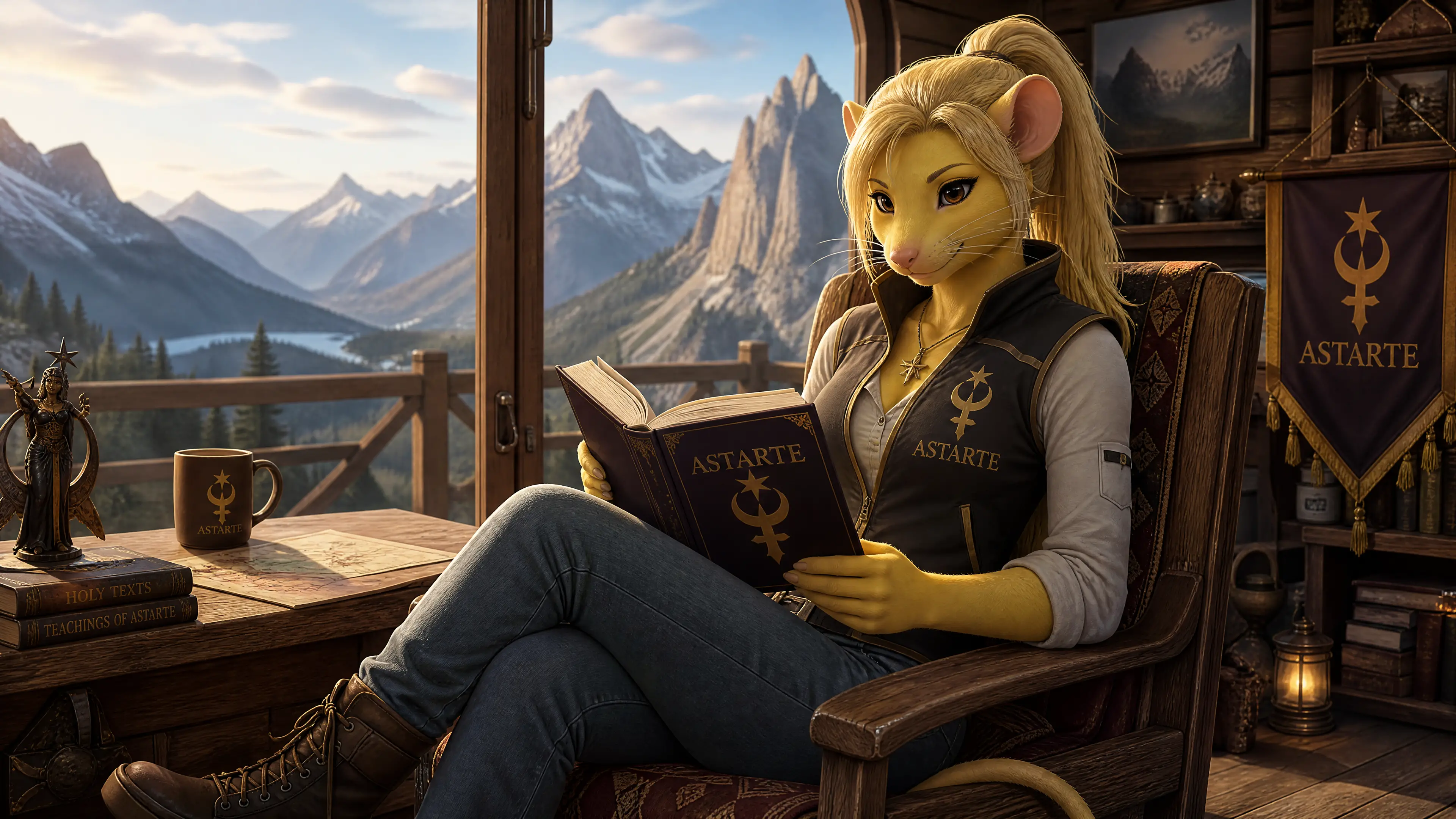 Anthro rat woman reading in a cozy mountain cabin