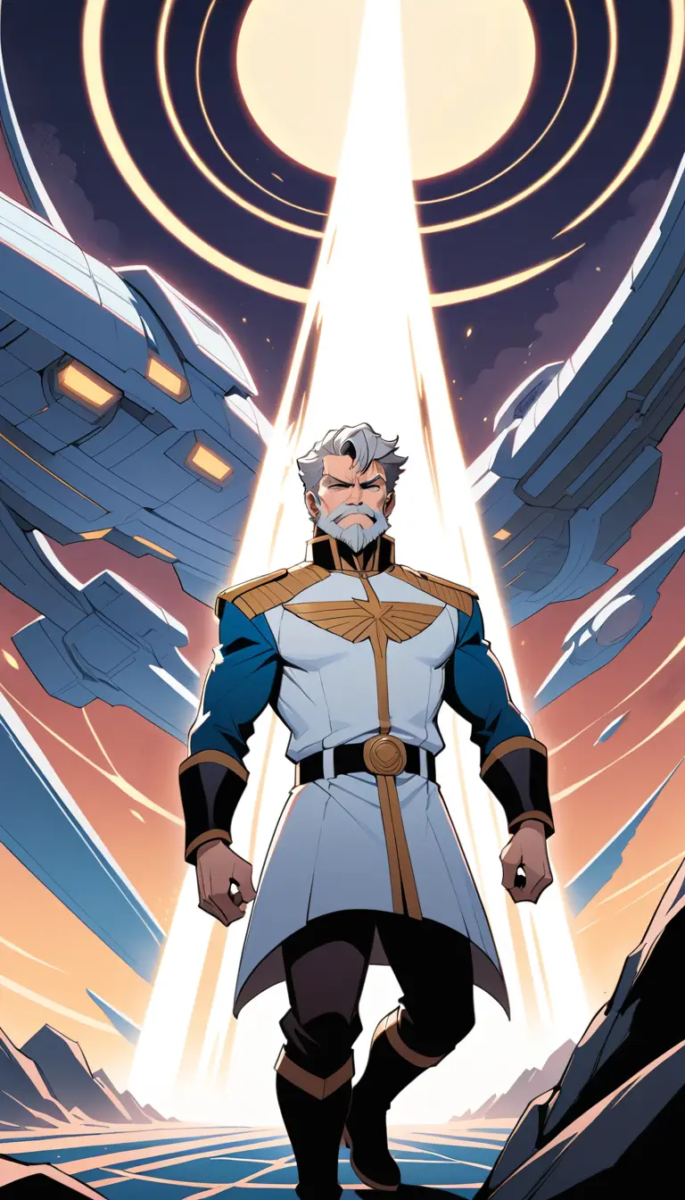 Grey haired starship captain on futuristic command bridge