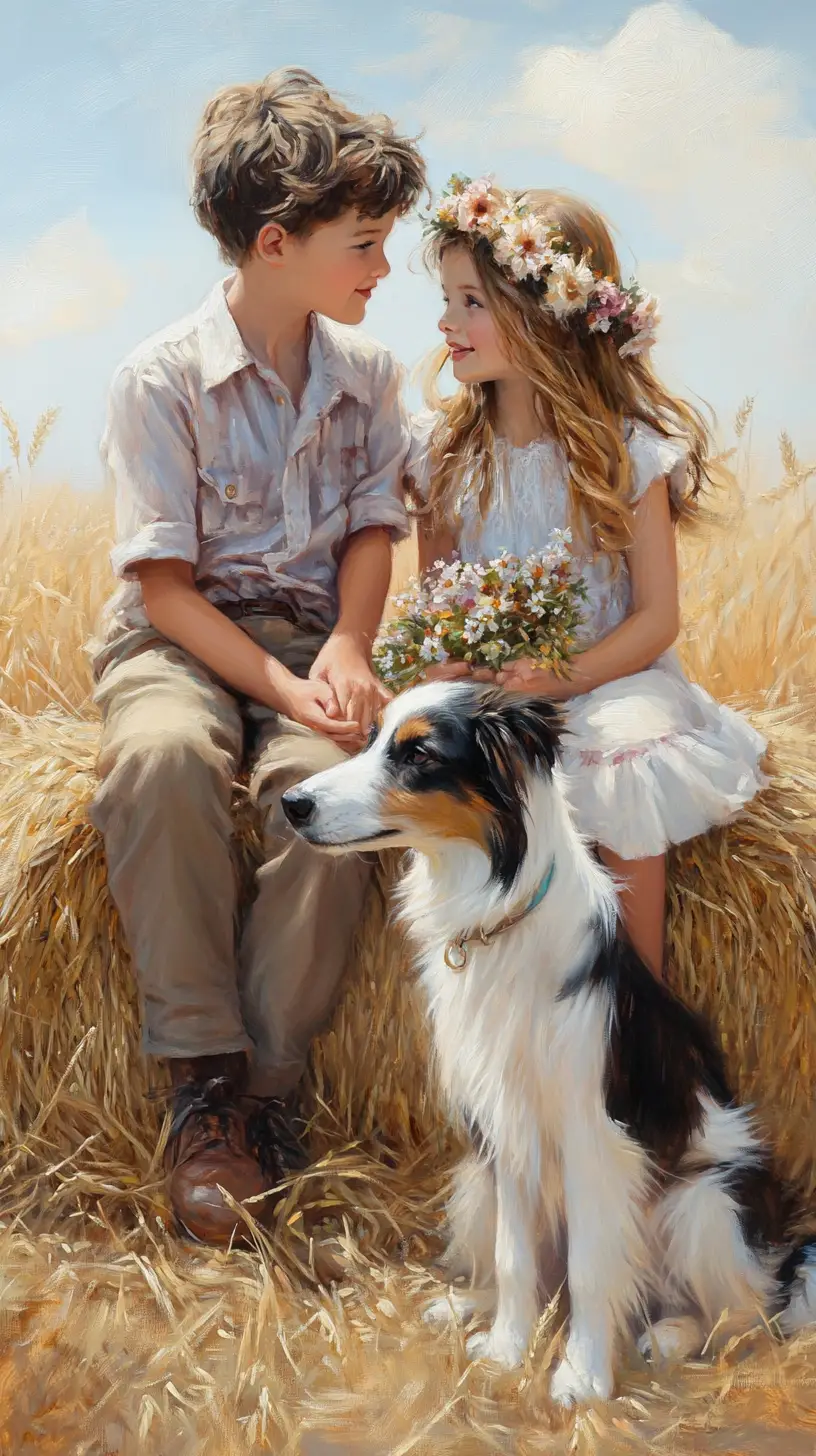 Children On A Hay Bale In A Sunny Wheat Field