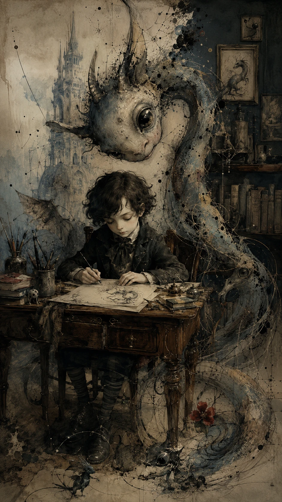 Gothic child drawing as an affectionate monster appears