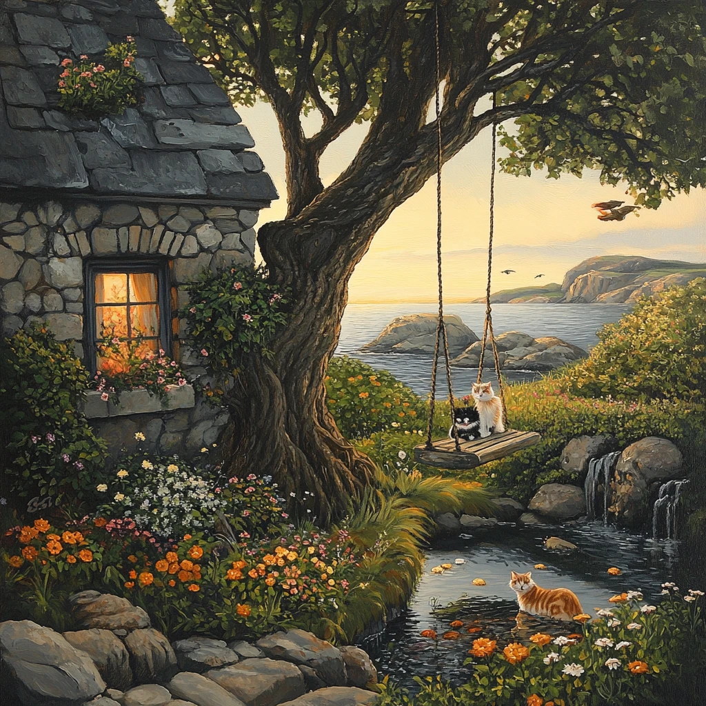 Cottage irlandais avec des chats près d’un étang à l’heure dorée