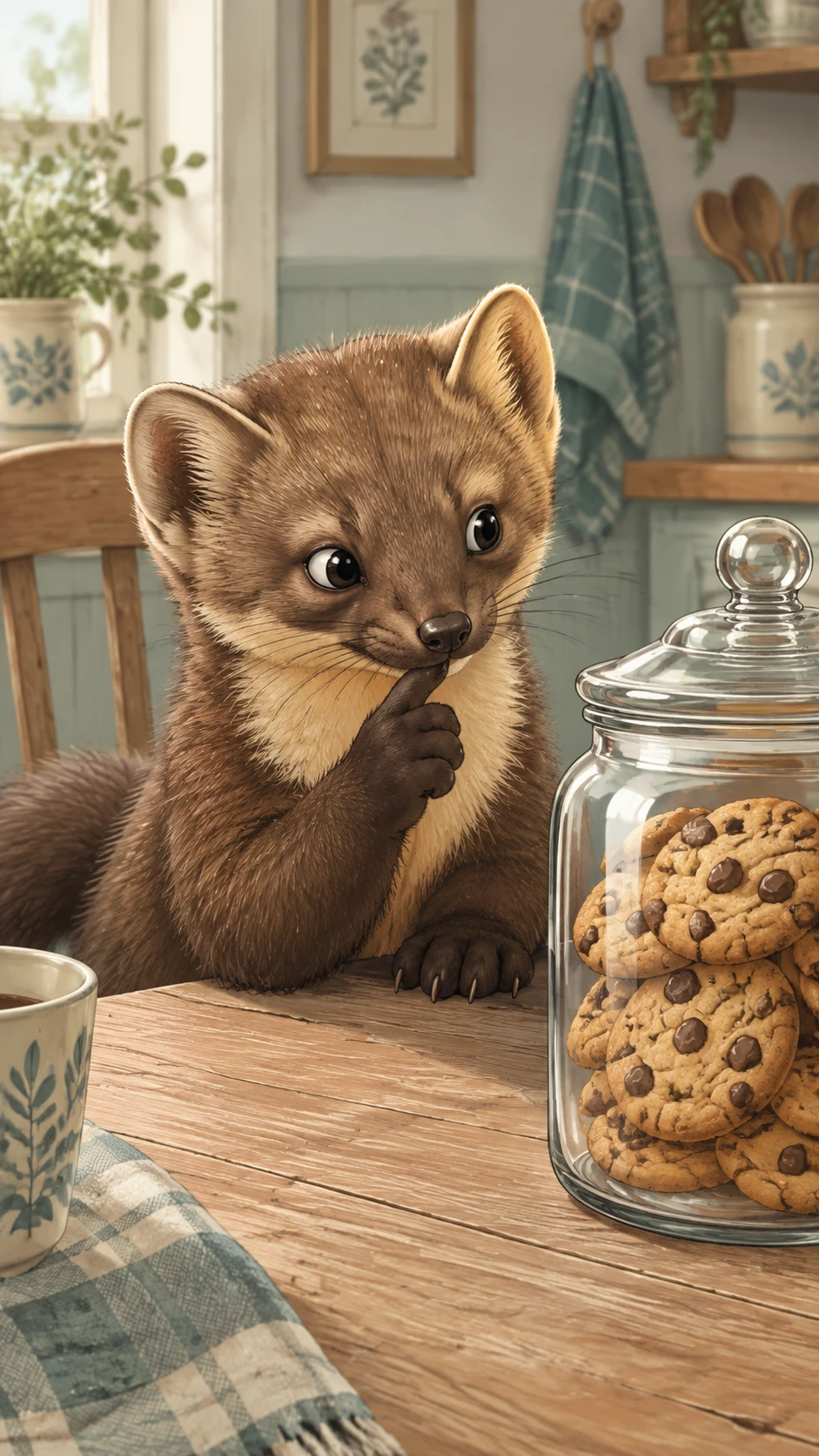 Cartoon marten quietly eyeing cookies on a kitchen table