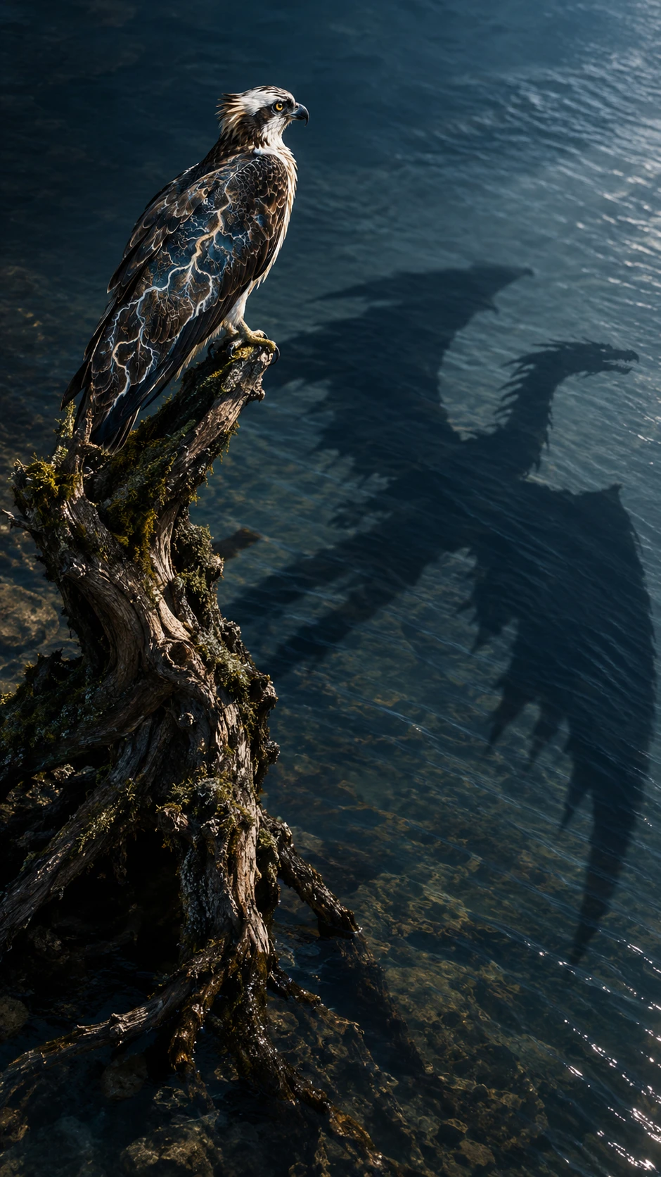 Osprey On A Gnarled Tree Casting A Dragon Shadow