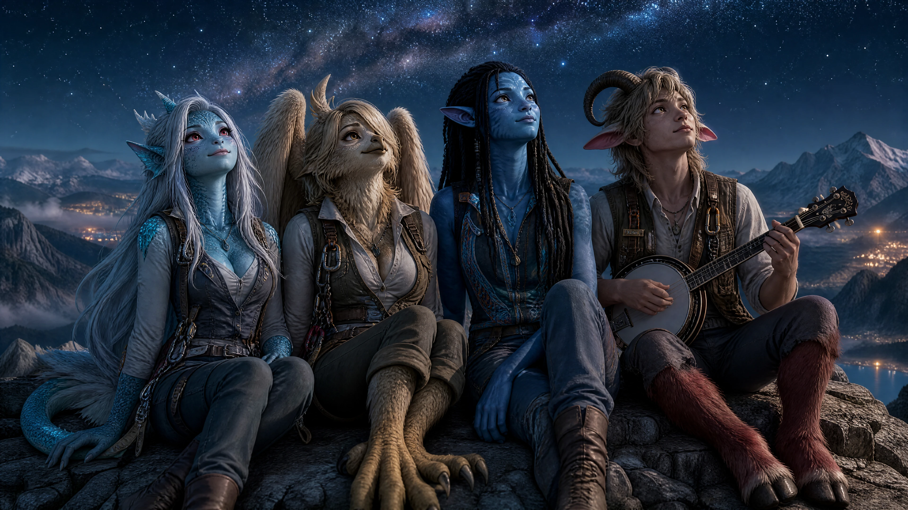 Fantasy companions stargazing together on a mountain peak