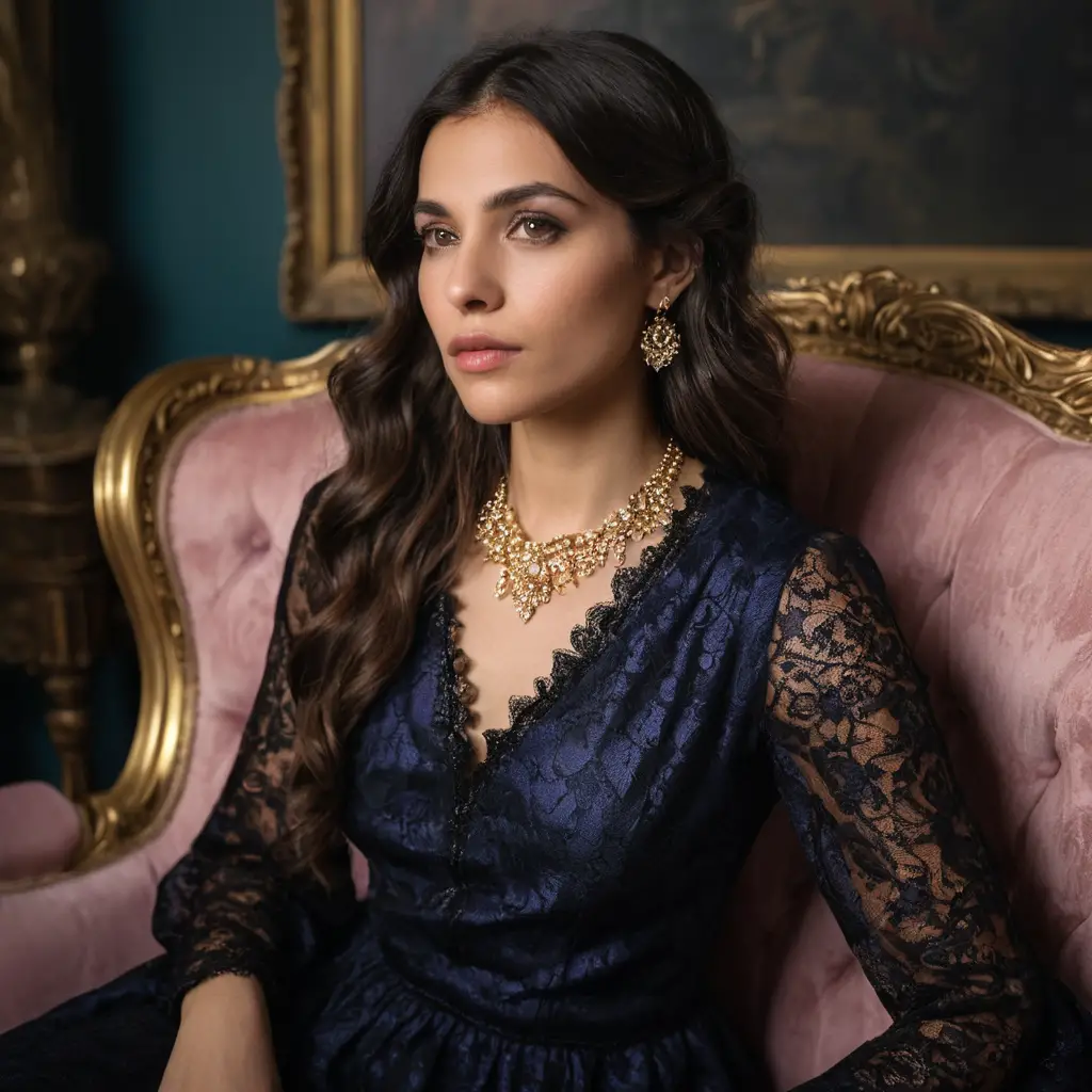Elegant woman in black lace dress on vintage sofa