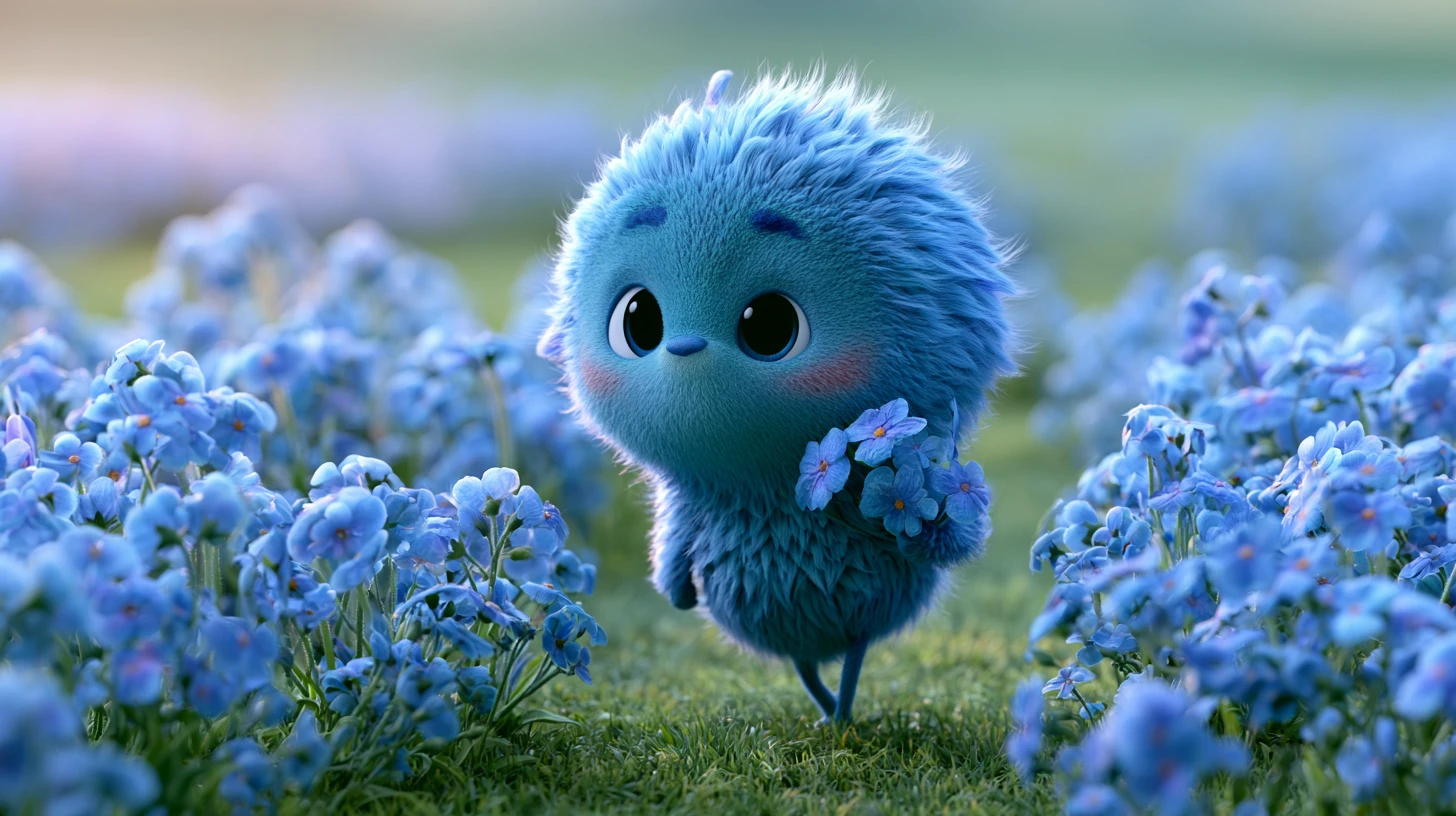 Small blue creature exploring a sunny flower field