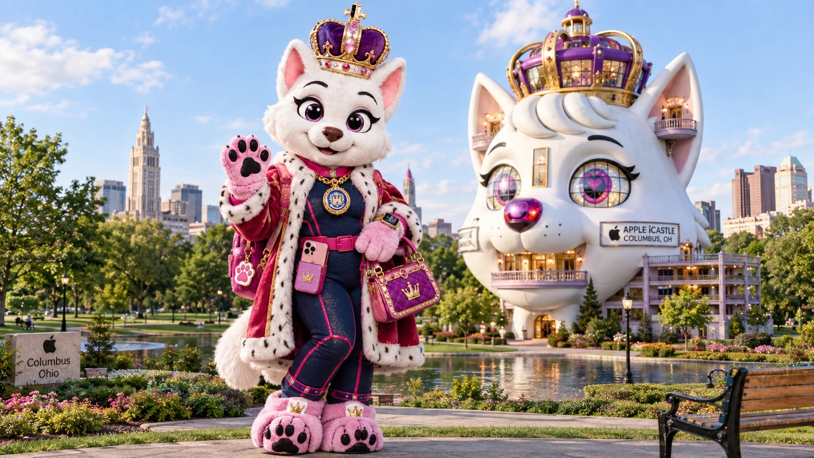 Plush dog mascot queen standing upright in royal outfit