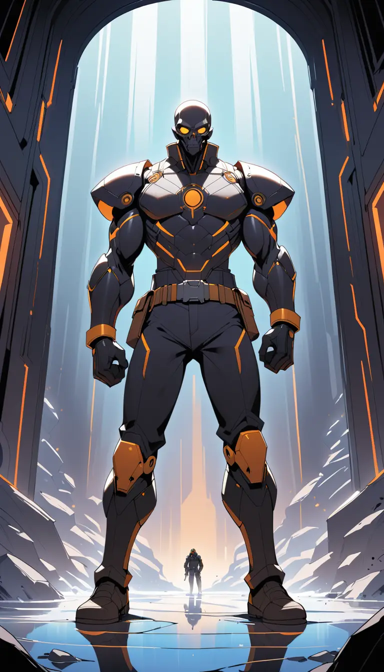 Cybernetic security chief in a dim starship corridor