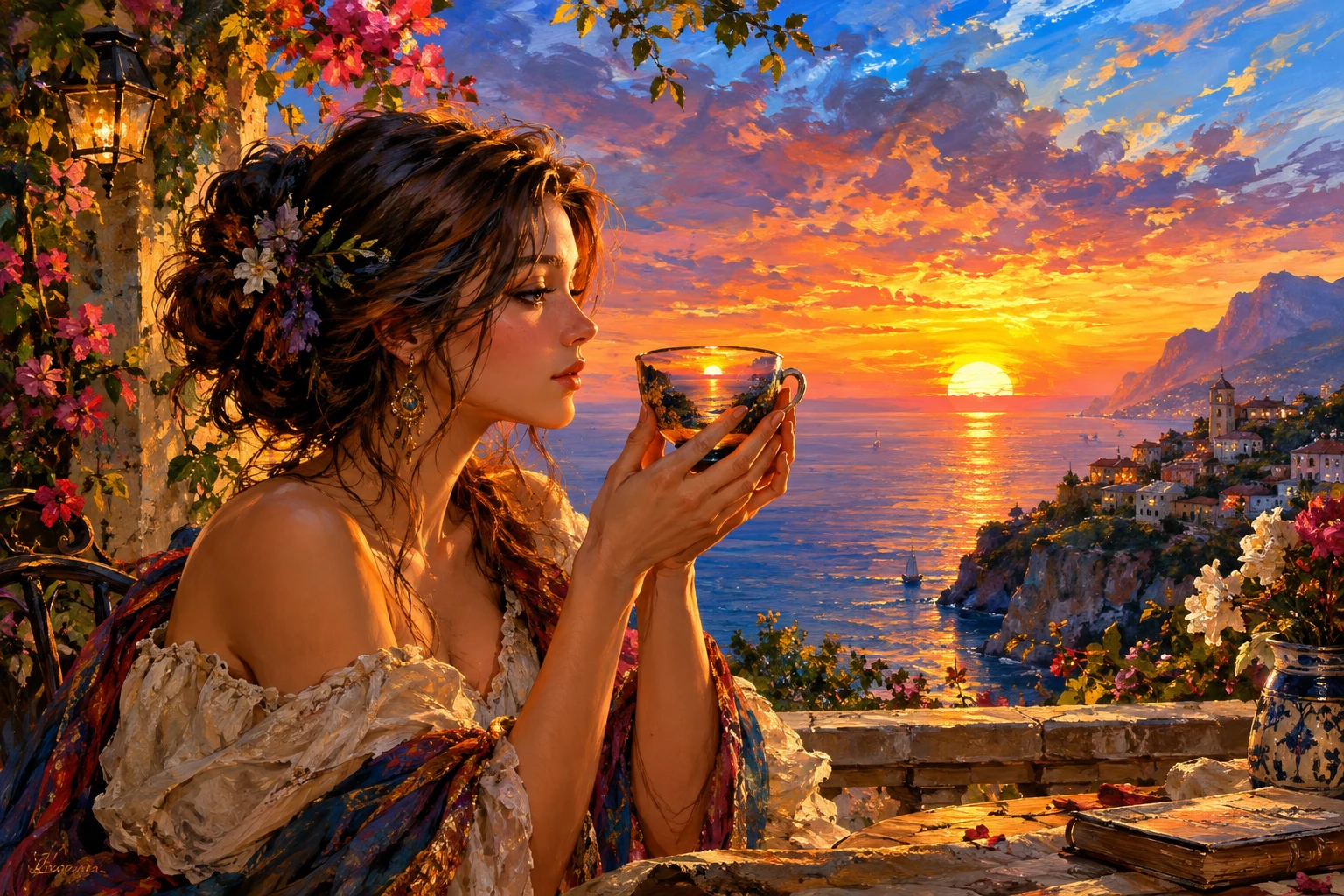Colorful oil painting of a glowing sunset captured in a cup