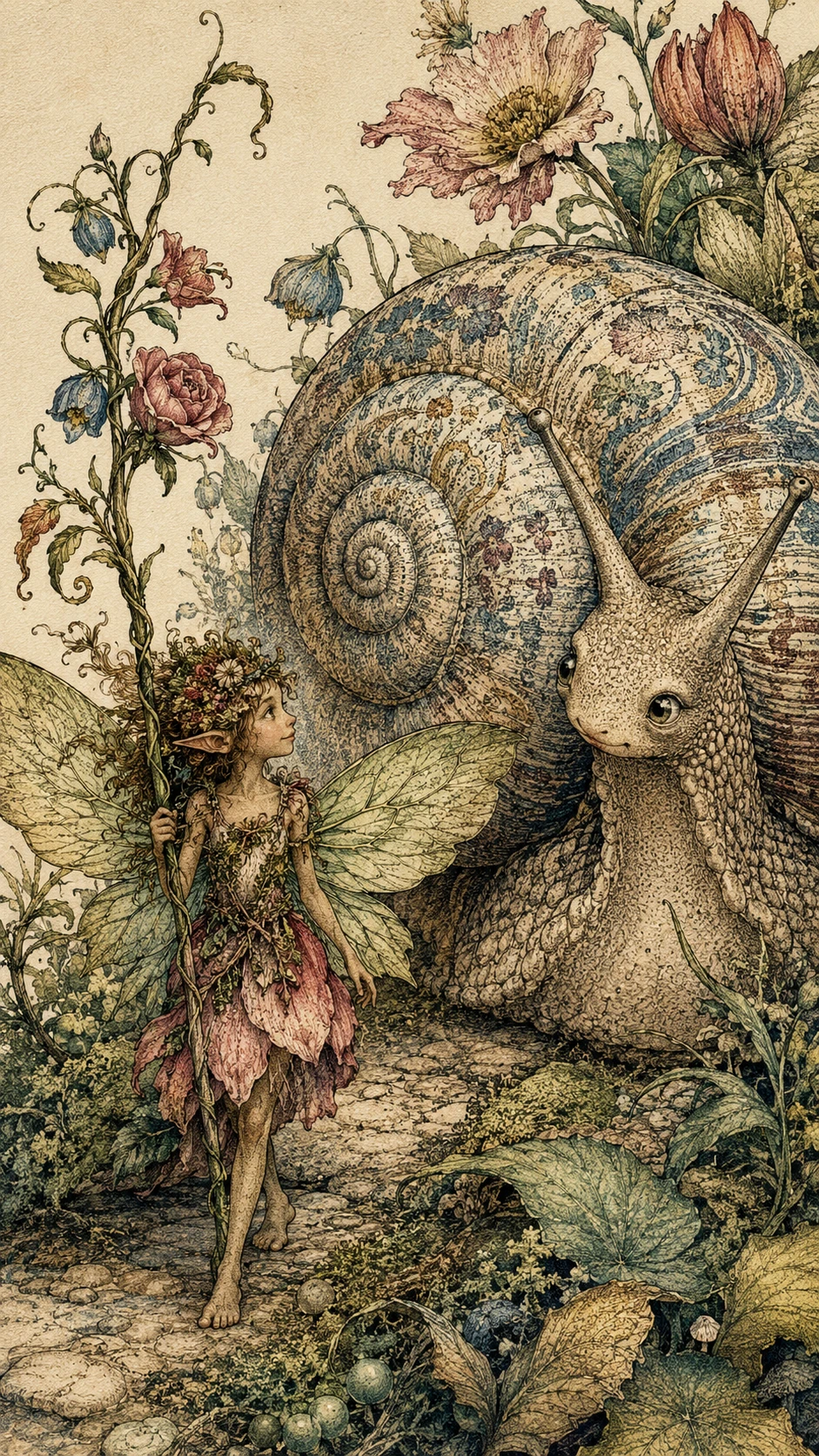 Tiny fairy walking beside a giant garden snail