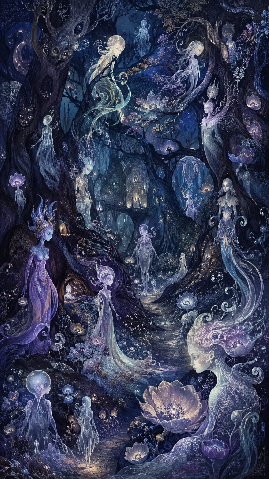 Enchanted Forest Of Translucent Spirits Under Glowing Flowers