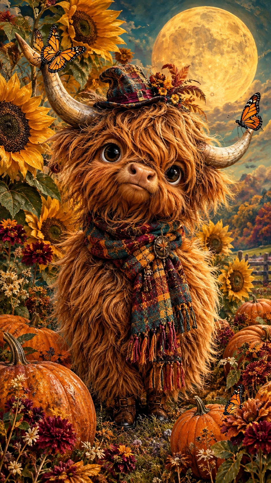 Whimsical shaggy creature posing among sunflowers and pumpkins