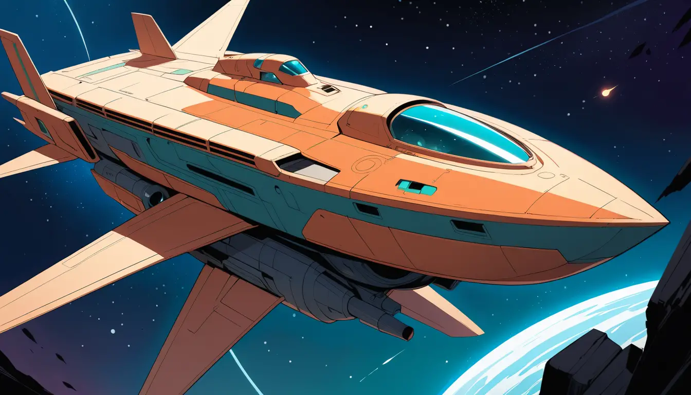 Retro futuristic spaceship in cinematic comic book style