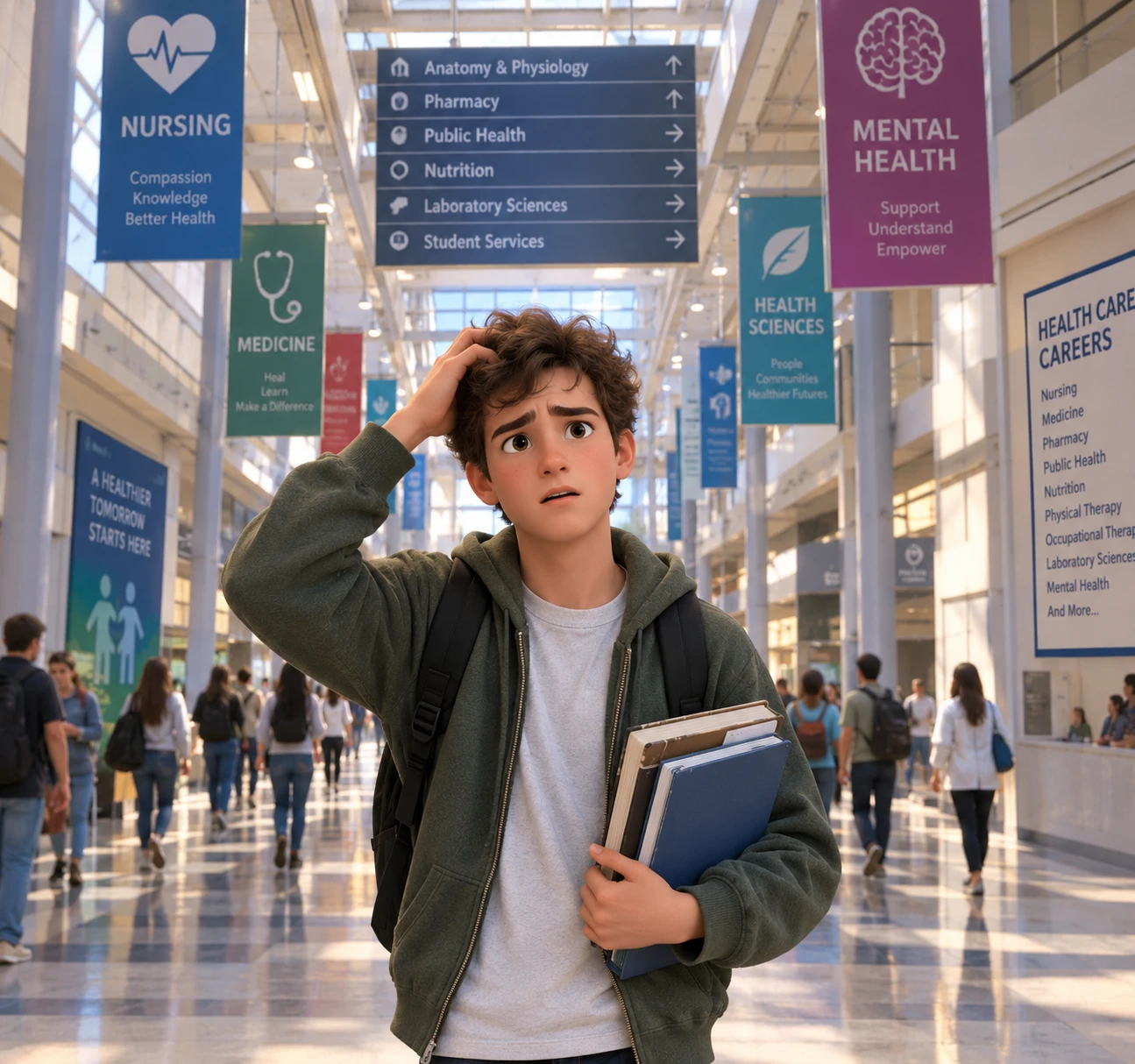 Studente sopraffatto che cammina in un enorme corridoio scolastico
